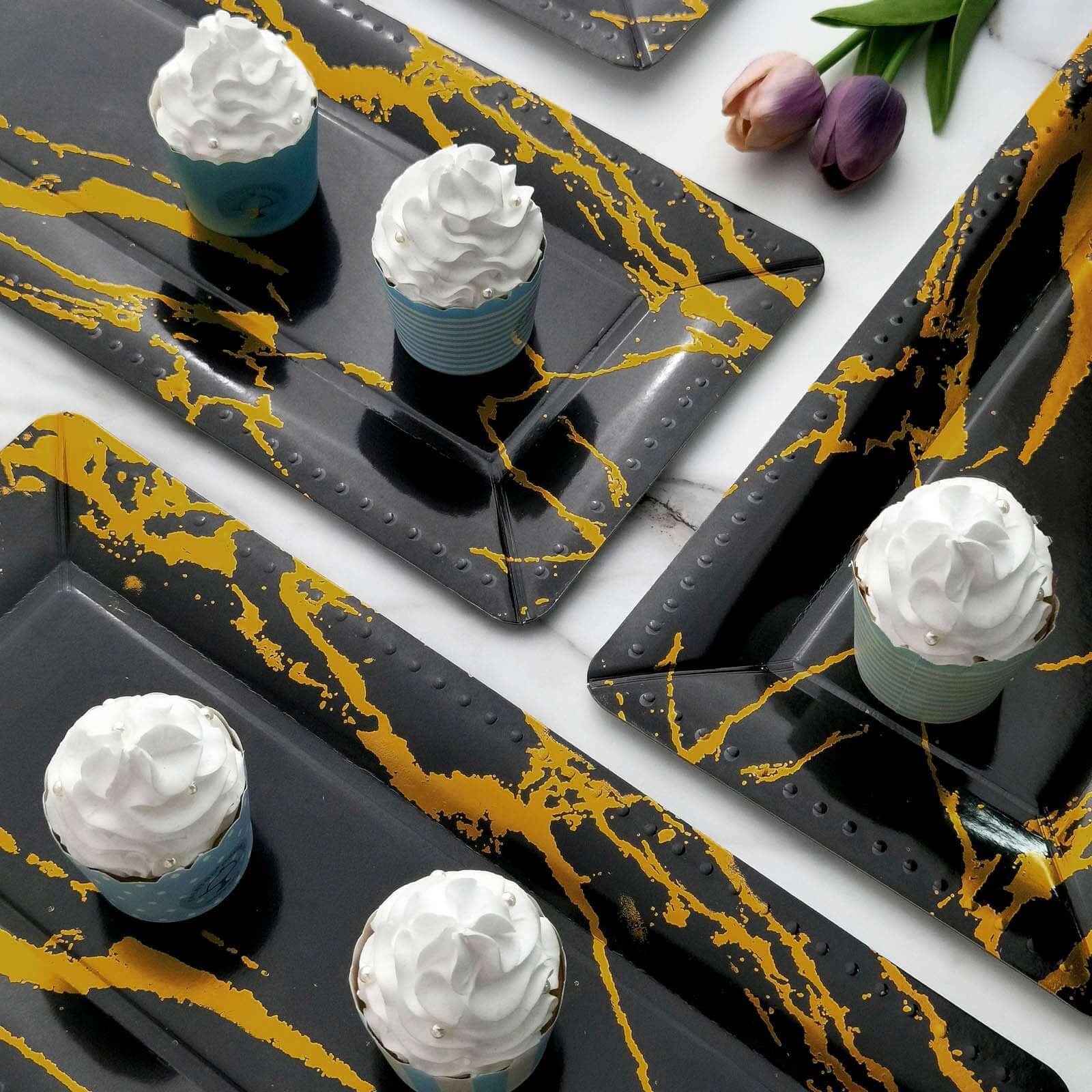 10-Pack Paper 16" Rectangle Serving Trays Black/Gold - Durable 1100GSM Disposable Food Platters with Modern Marble Design for Dessert Tables & Food Stations
