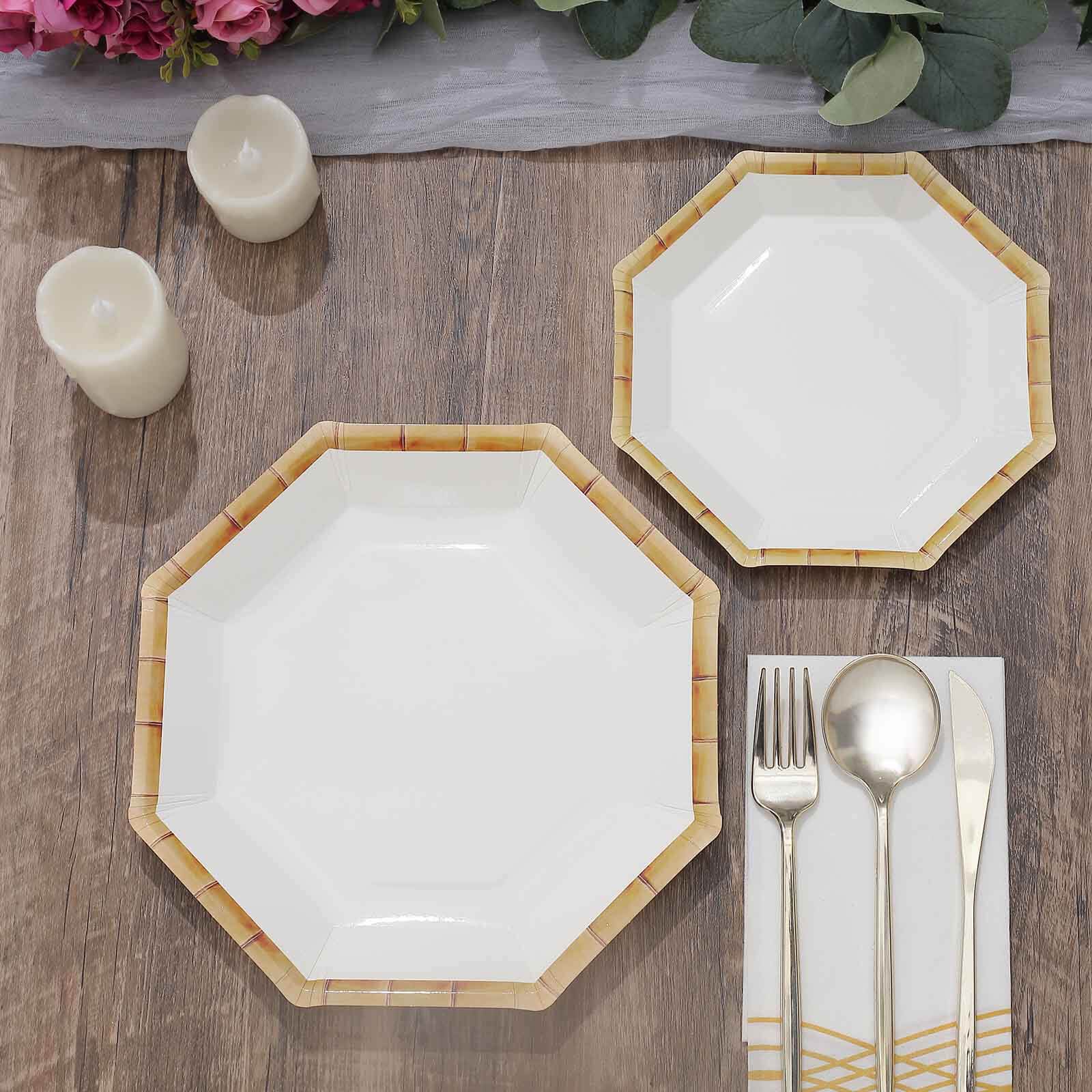 25-Pack Paper 9" Octagonal Dinner Plates in White with Bamboo Print Rim - Disposable Geometric Party Plates for Tropical & Beach Themed Celebrations