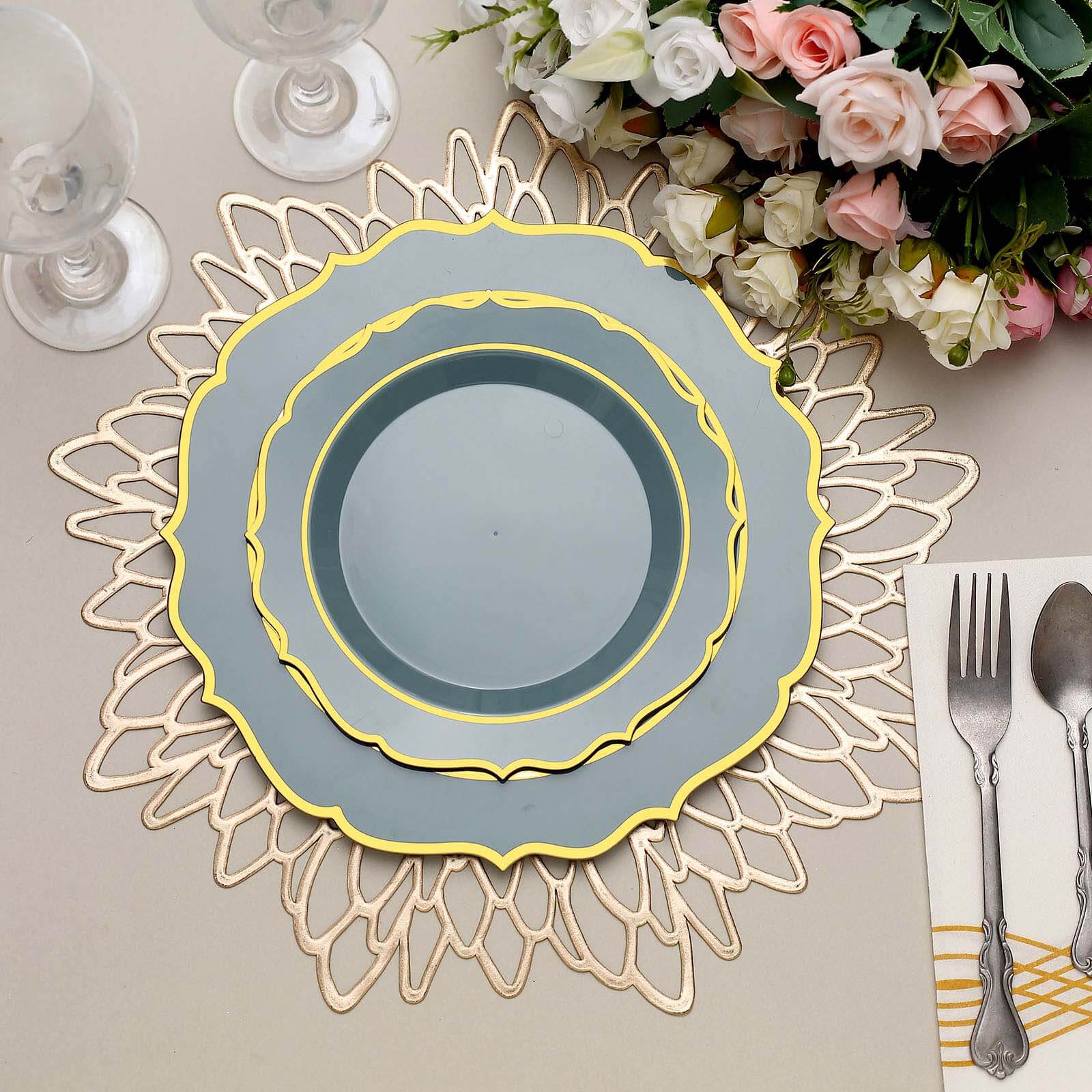 10-Pack Plastic 8" Round Dessert Plates in Dusty Blue with Gold Scalloped Rim - Disposable Appetizer/Salad Plates