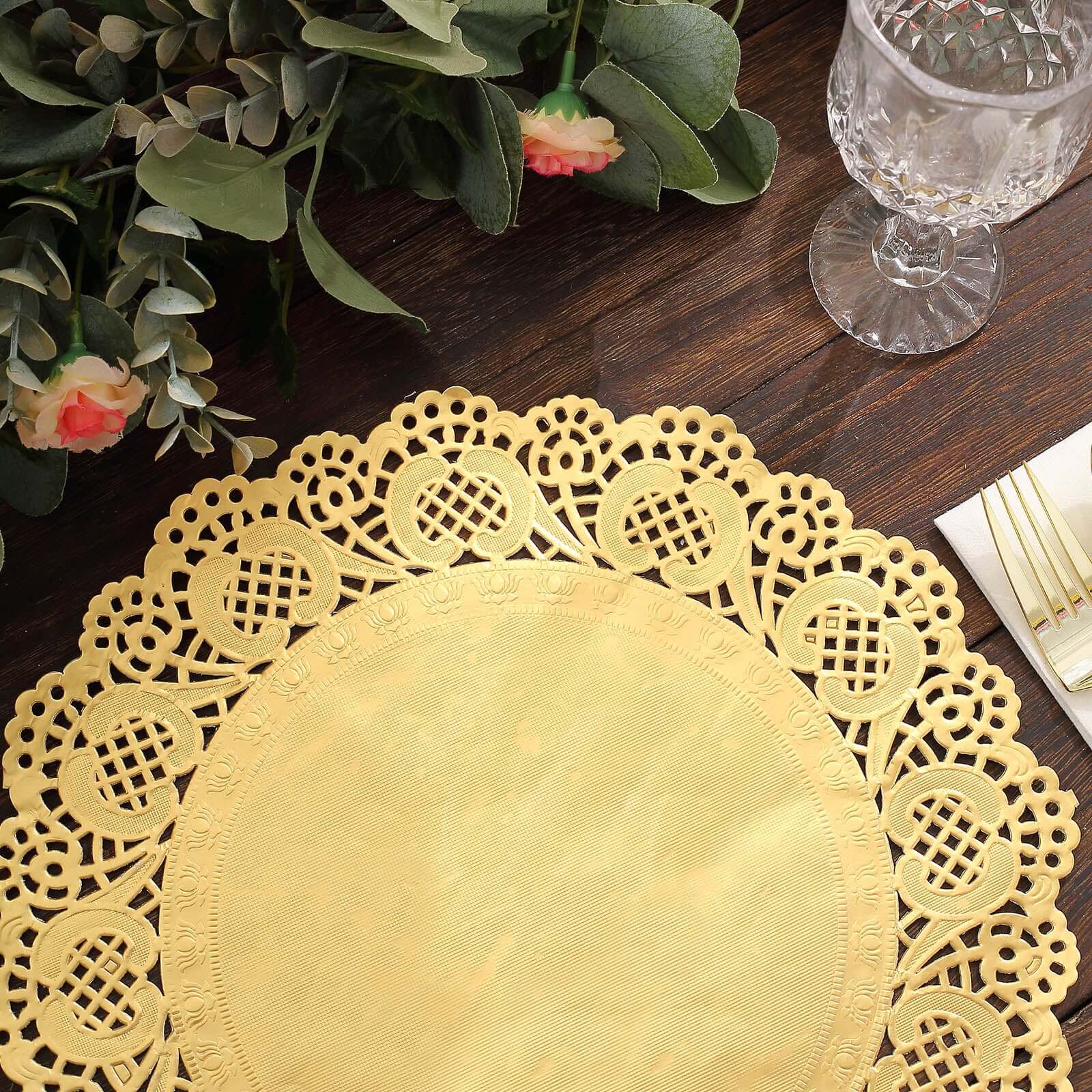 50 Pcs Paper 12" Round Placemats in Gold - Food Grade Lace Paper Doilies for Dessert Display & Table Decor