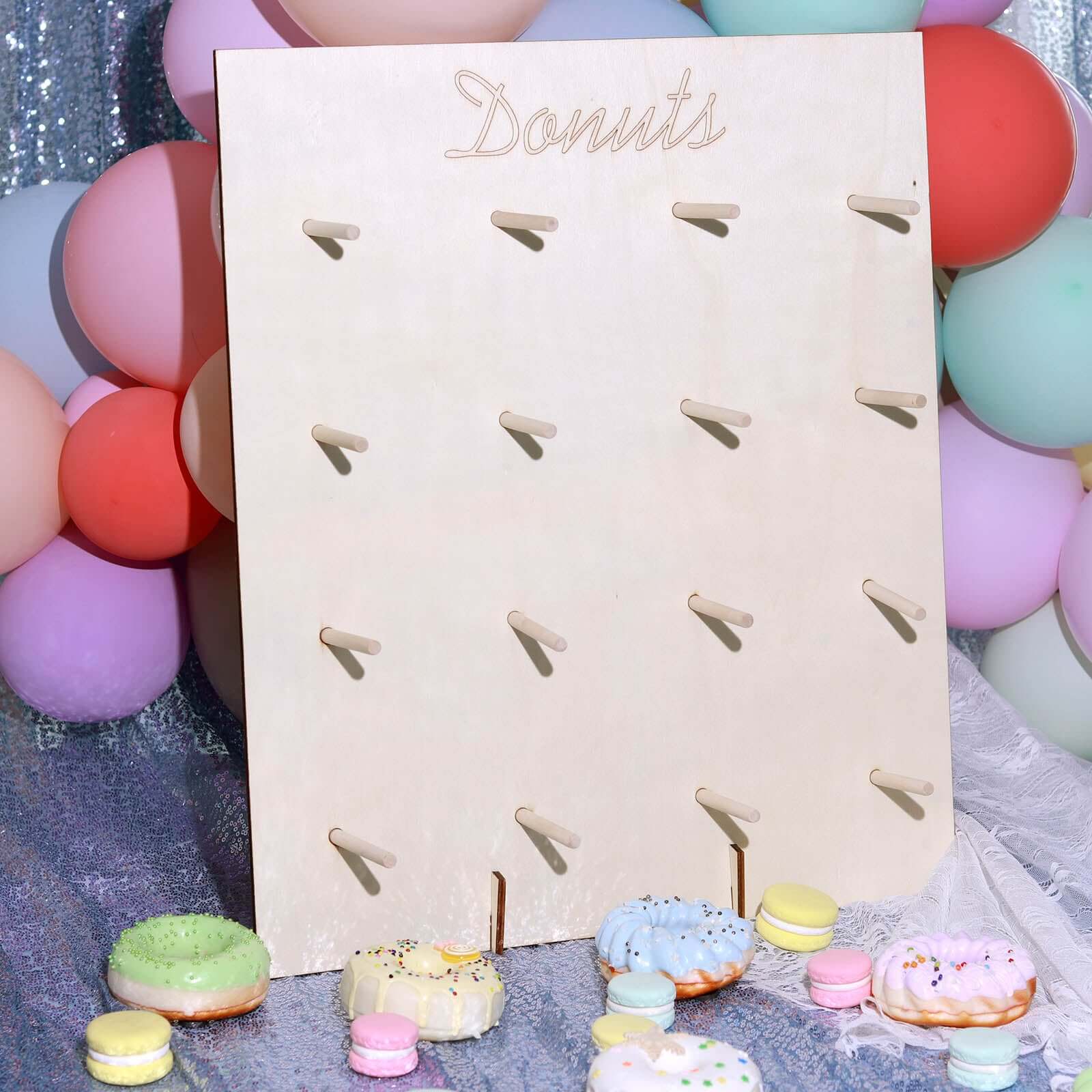 Natural Wood Rectangle Donut Wall Stand - Space Saving Detachable Rustic Chic Doughnut Pegboard Dessert Display Pretzel Bagel Holder 19"