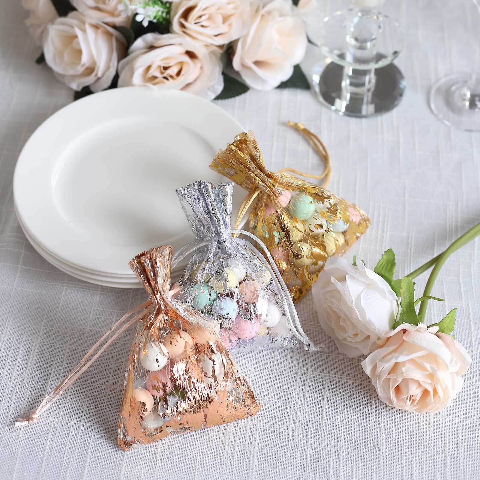 12 Pack Metallic Rose Gold Foil Polyester Drawstring Candy Bags, Wedding Party Favor Bags - 4"x5"