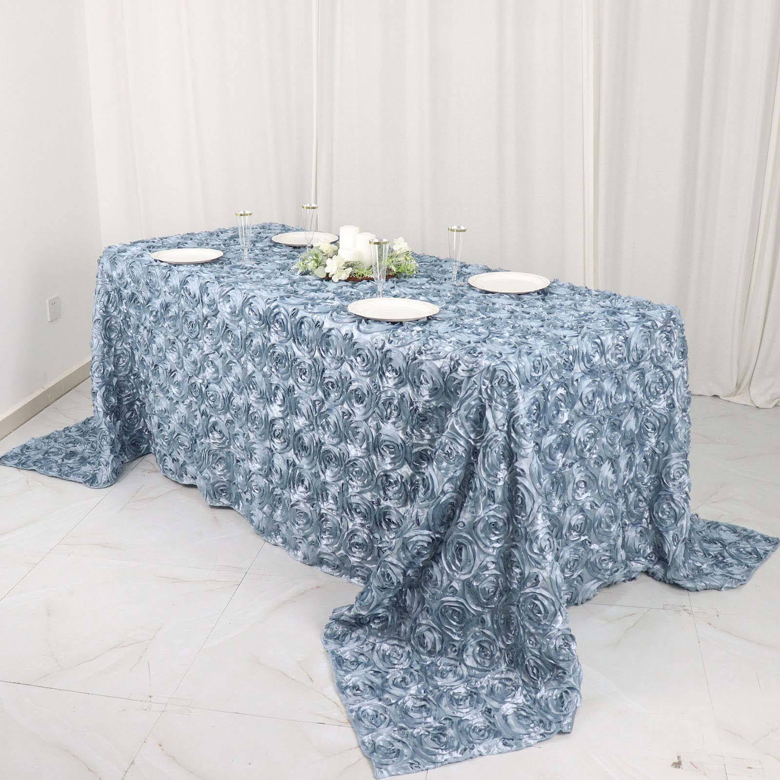 Satin 90"x132" Rectangle Tablecloth Dusty Blue - Grandiose 3D Rosette Seamless Table Cover