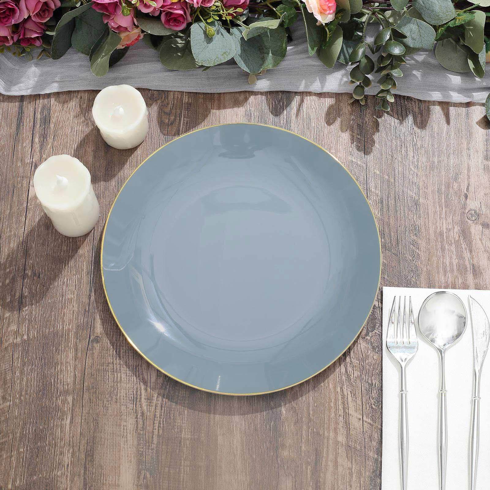 10-Pack Plastic 10" Round Dinner Plates in Dusty Blue with Gold Rim - Glossy Disposable Party Plates