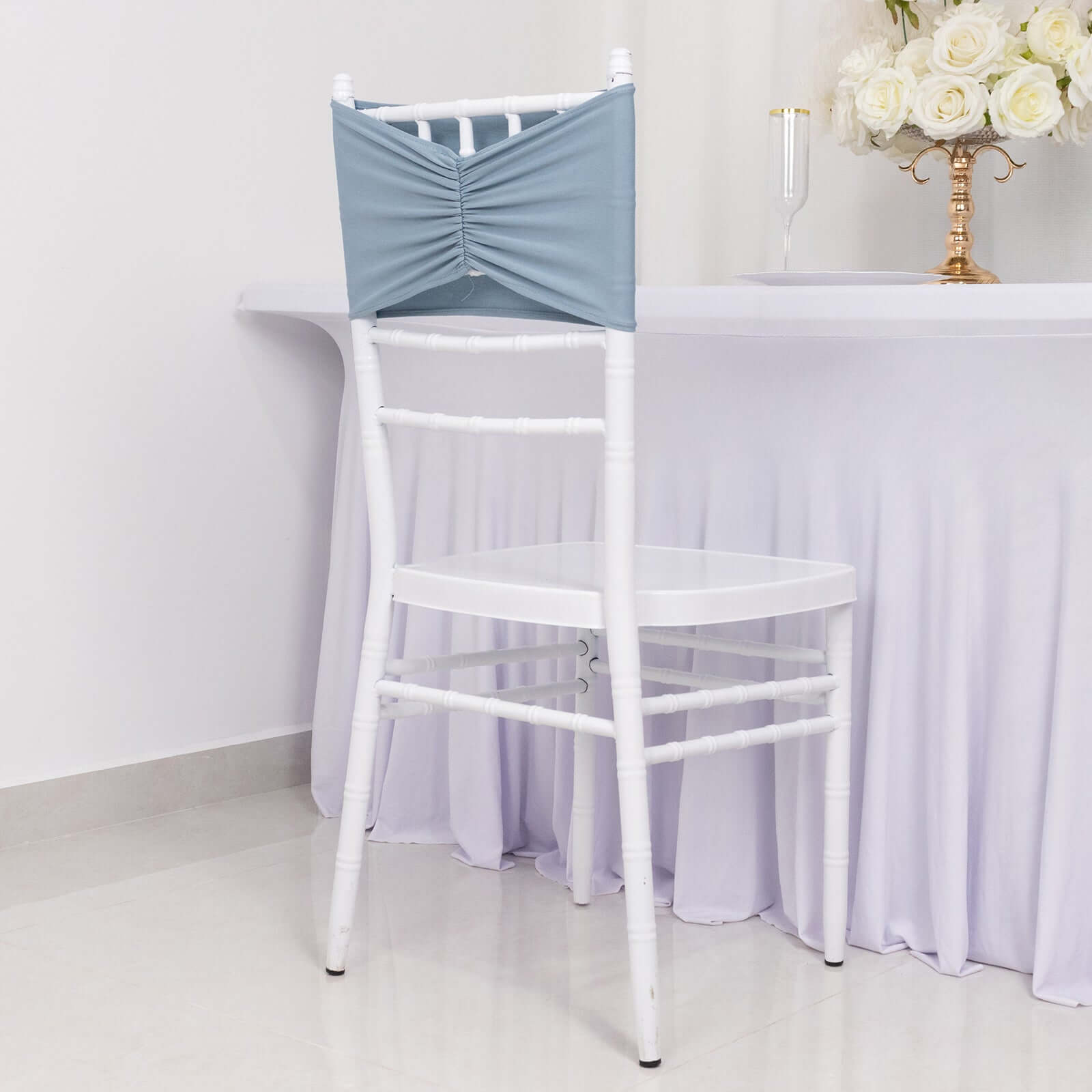 5 Pack Spandex Chair Sashes Dusty Blue Ruffled Style - Wide Easy to Use Stretch Chair Bands 8"x13"
