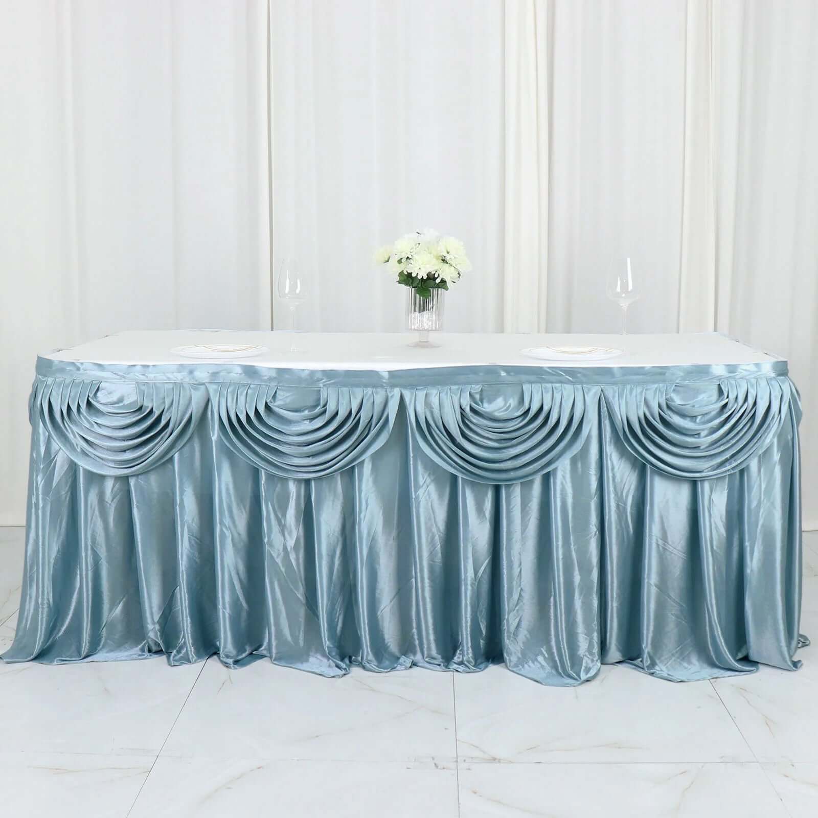 Satin 14ft Table Skirt Dusty Blue - Pleated Double Drape Table Cover