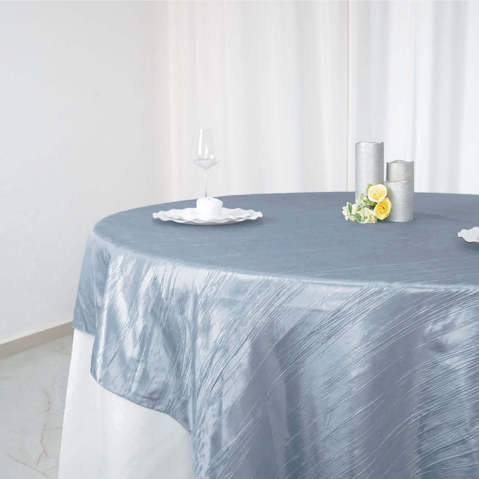 Taffeta 90"x90" Table Overlay Square Tablecloth Dusty Blue - Accordion Crinkle Table Cover