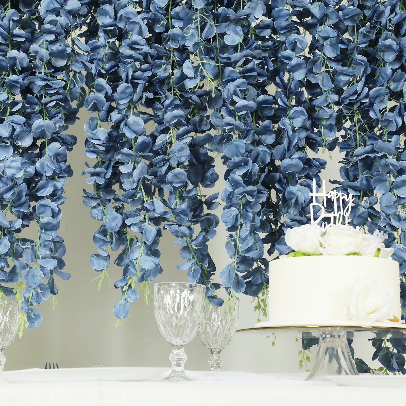 42" Silk Hanging Wisteria Flower Garland Vines in Dusty Blue, Elaborated 5 Full Strands in 1 Bush