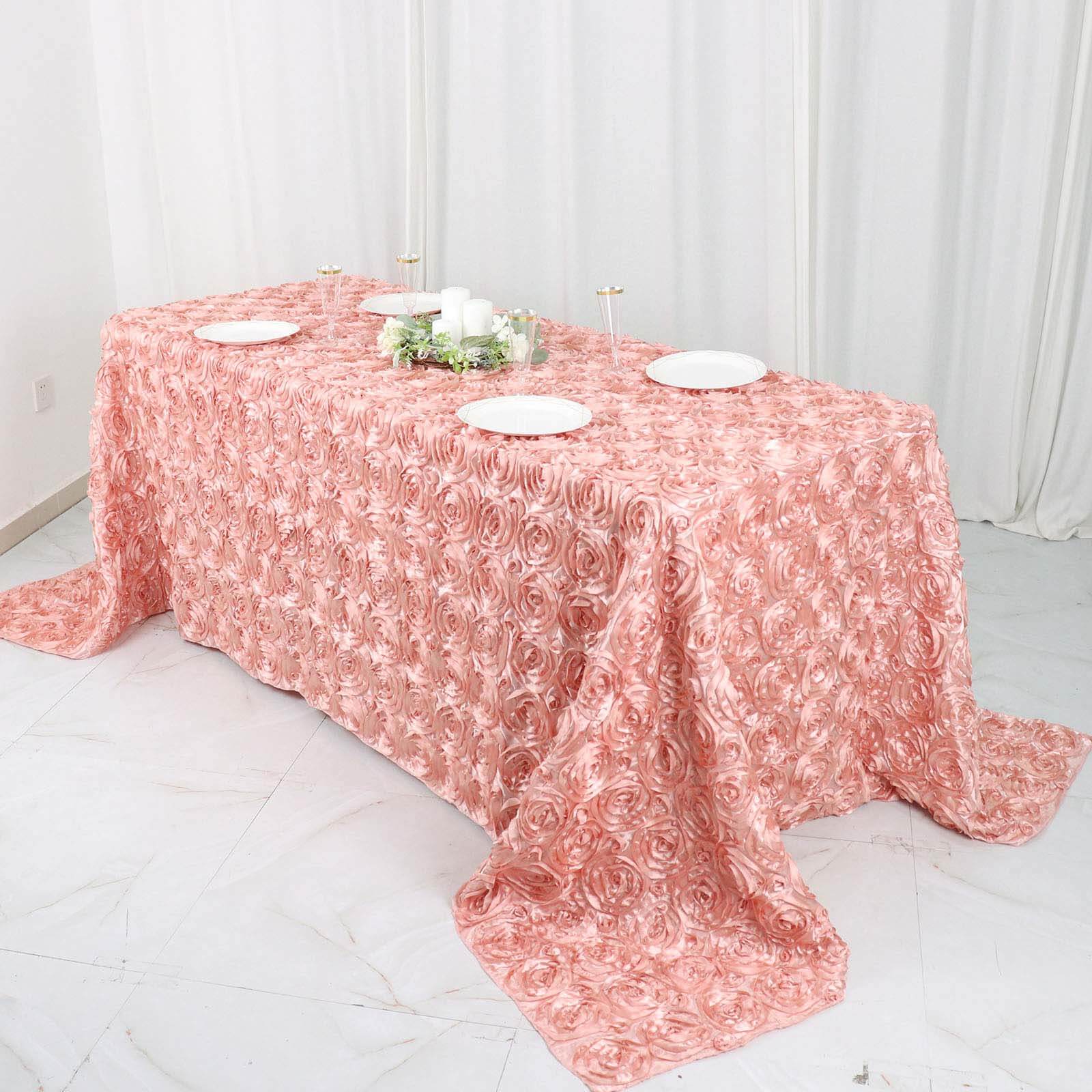 Satin 90"x132" Rectangle Tablecloth Dusty Rose - Grandiose 3D Rosette Seamless Table Cover