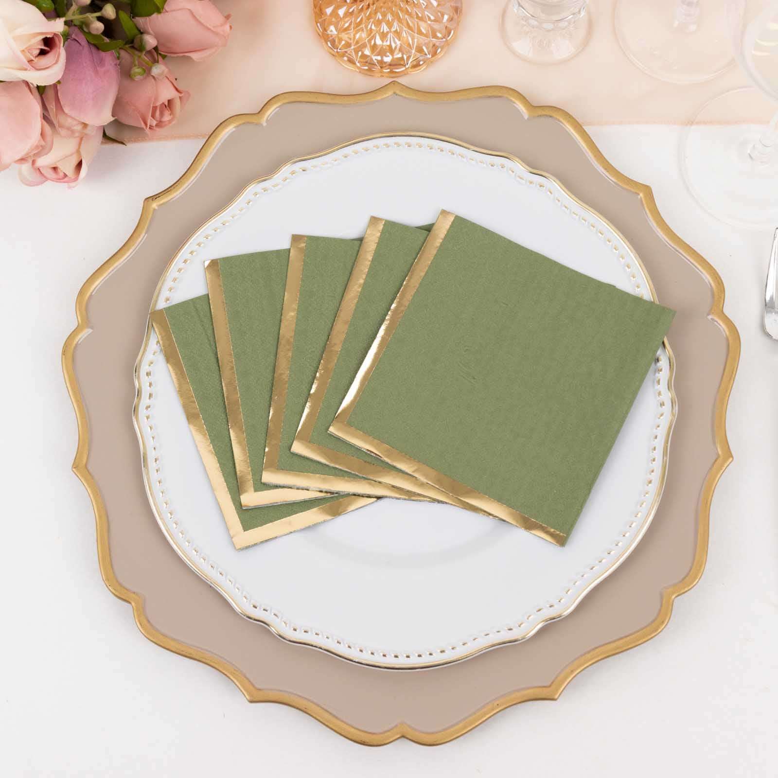 50-Pack Paper Beverage Napkins Dusty Sage Green with Gold Foil Edge - 2 Ply Disposable Soft 18GSM Cocktail Napkins 5"x5"