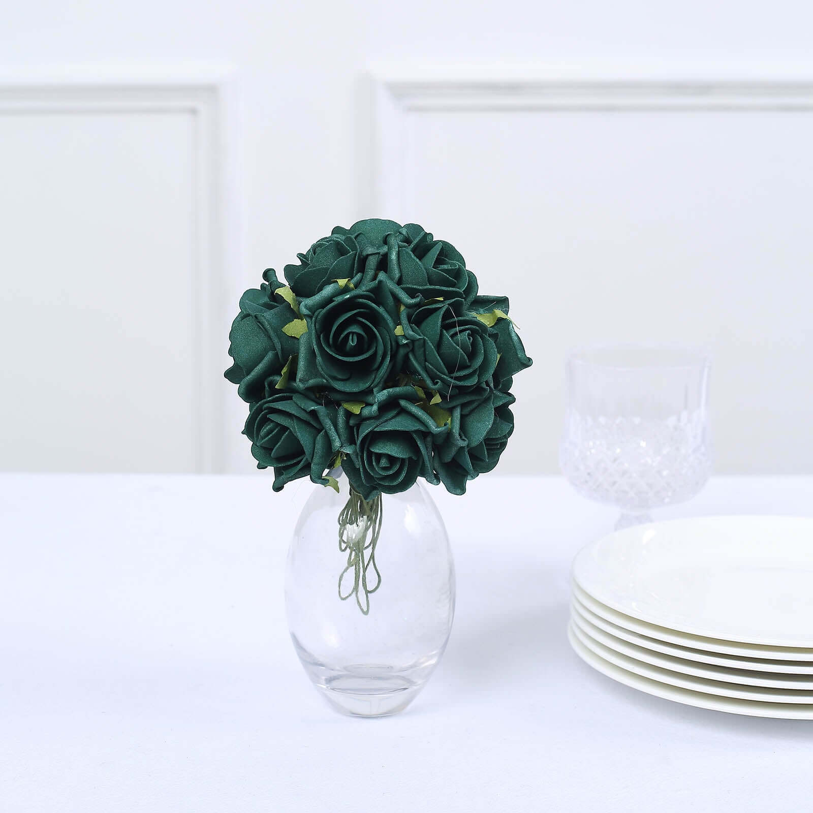 24 Roses 2" Hunter Emerald Green Artificial Foam Flowers With Stem Wire and Leaves