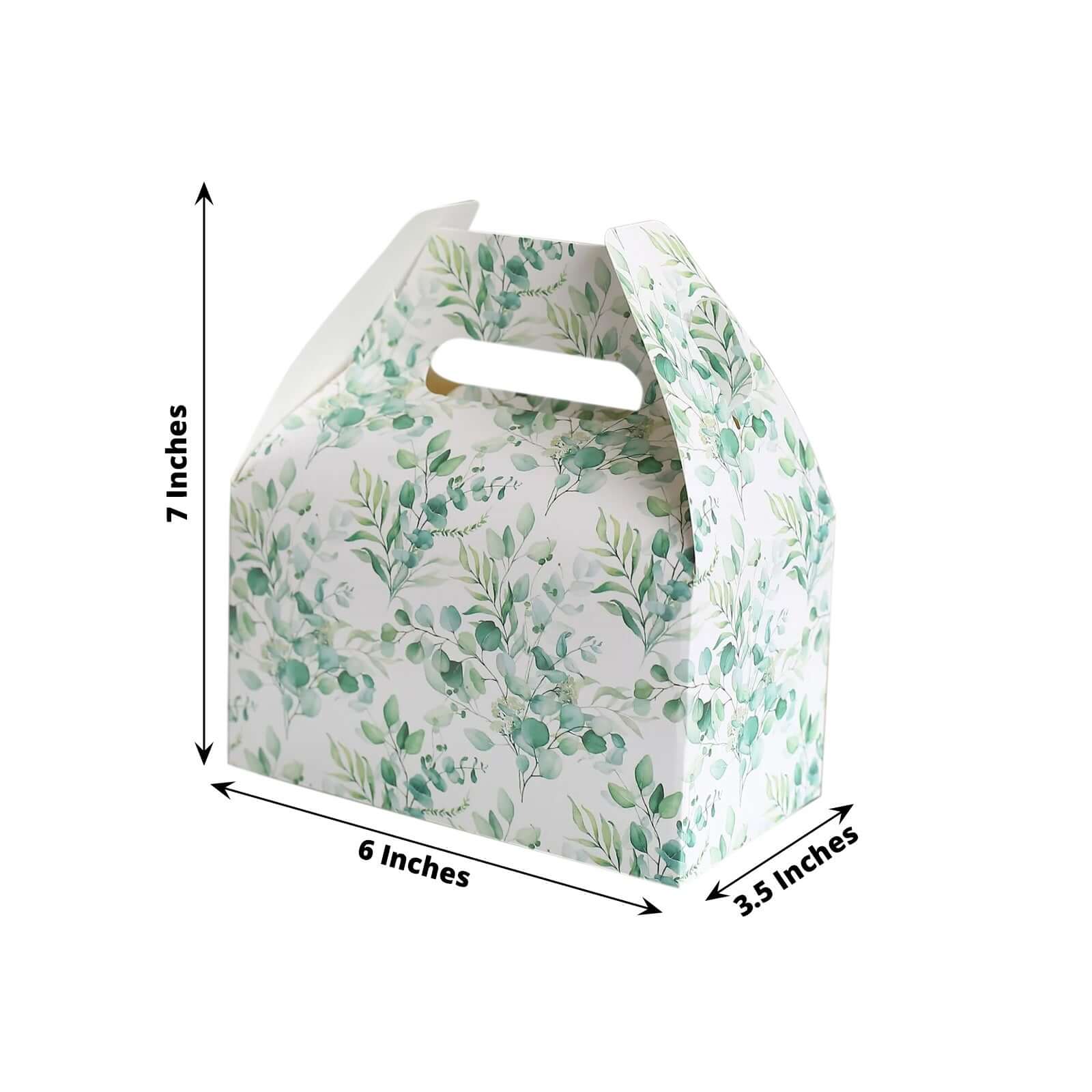 25 Pack White Green Candy Gift Tote Gable Boxes with Eucalyptus Leaves Print, Party Favor Treat Boxes - 6"x3.5"x7"