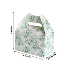 25 Pack White Green Candy Gift Tote Gable Boxes with Eucalyptus Leaves Print, Party Favor Treat Boxes - 6"x3.5"x7"