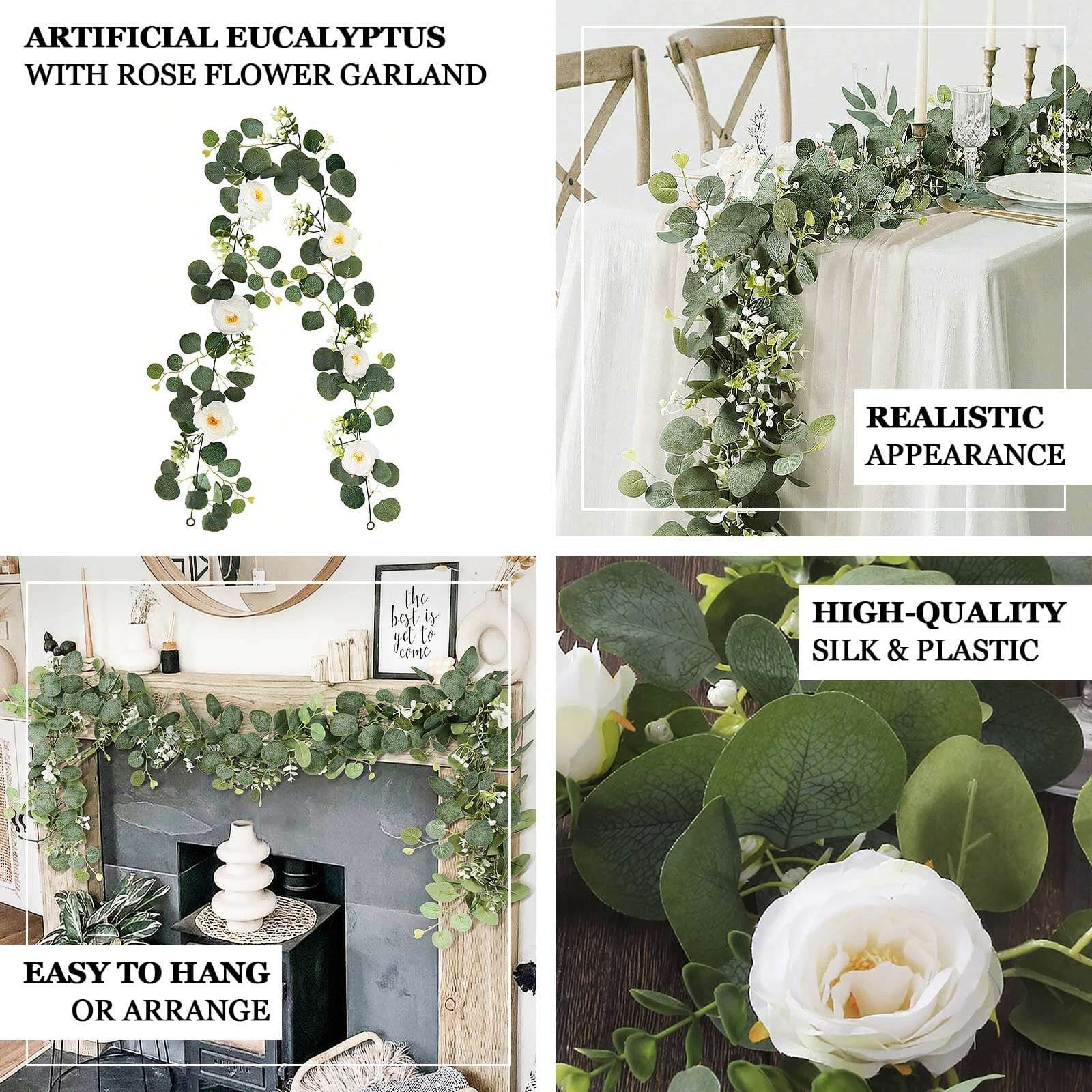 5.5ft Artificial Eucalyptus Leaf Hanging Vines With 7 White Rose Flower Heads, Floral Greenery Table Garland