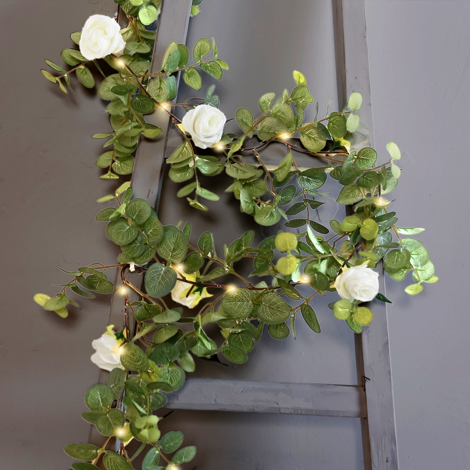 6ft Lighted Eucalyptus Garland with Ivory Roses & Battery-Operated Fairy Lights – Faux Greenery Vine