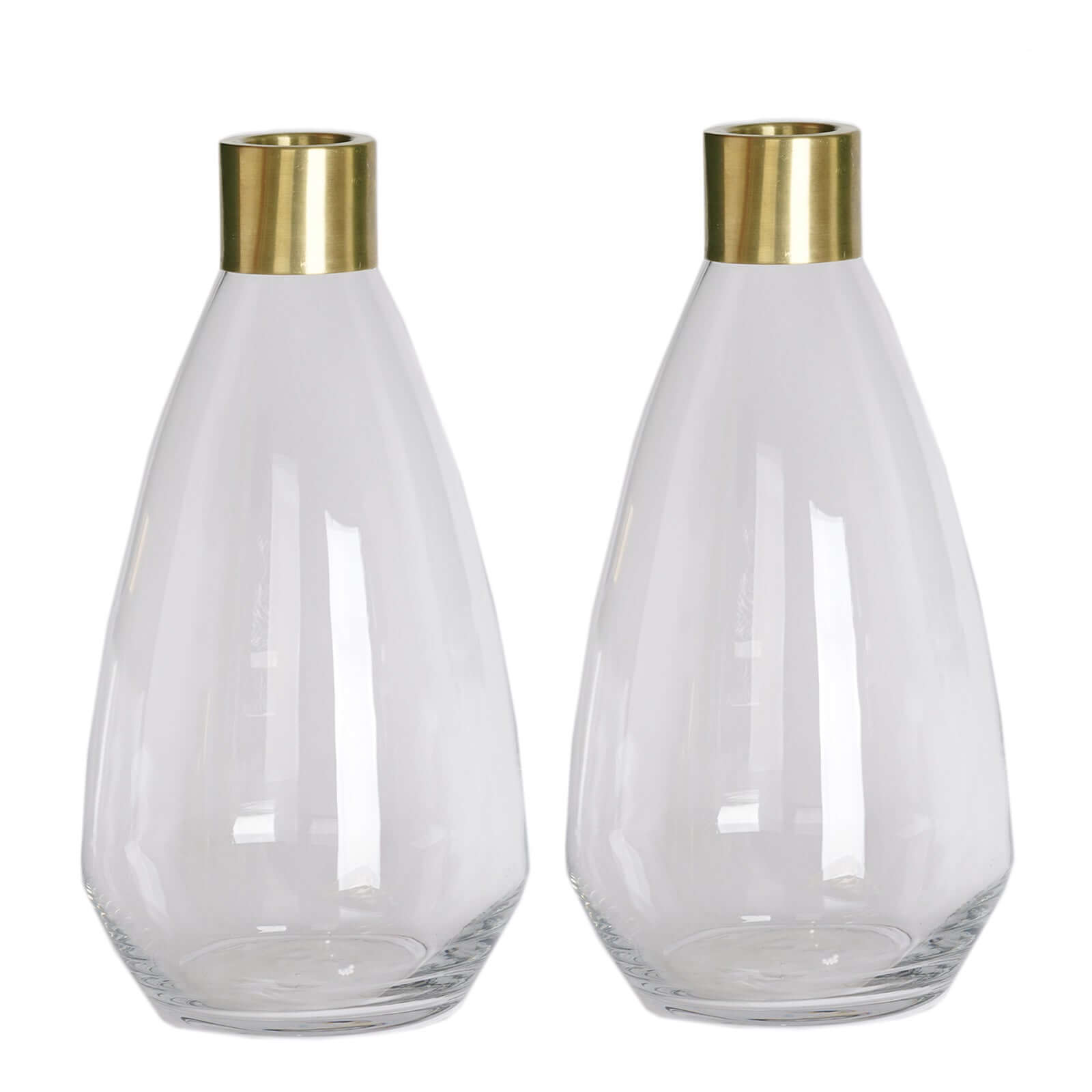 2-Pack Glass Flower Vases Teardrop Design Clear with Gold Metal Top - Stylish Event Table Centerpieces 14"