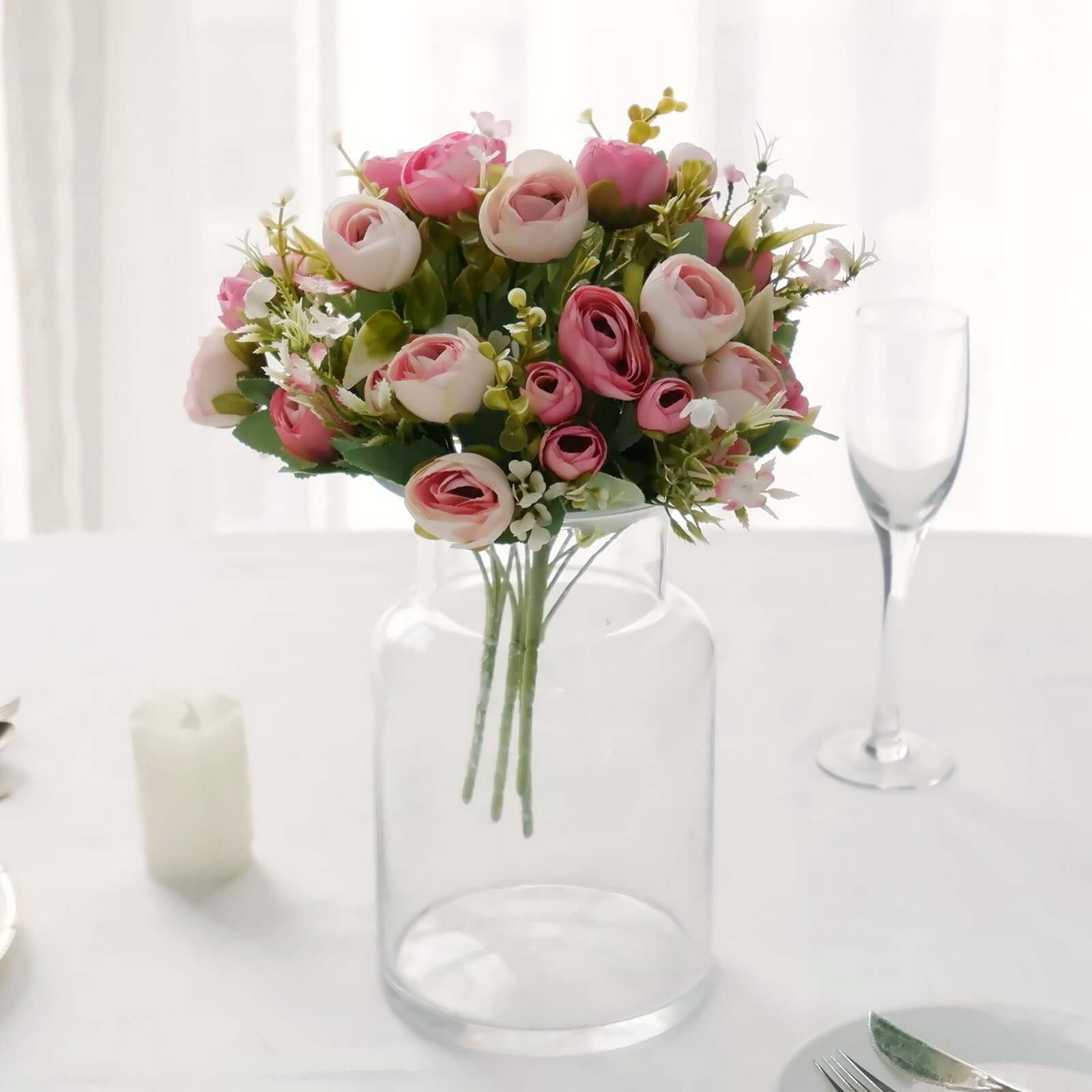 4 Pack 12" Artificial Pink Ranunculus Silk Flower Bridal Bouquets, Faux Buttercup Floral Arrangement