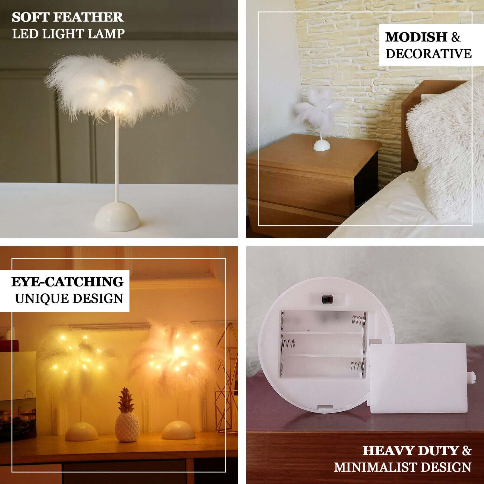 Table Lamp Feather Design Black LED Battery Operated - Cordless Wedding Centerpiece 15"