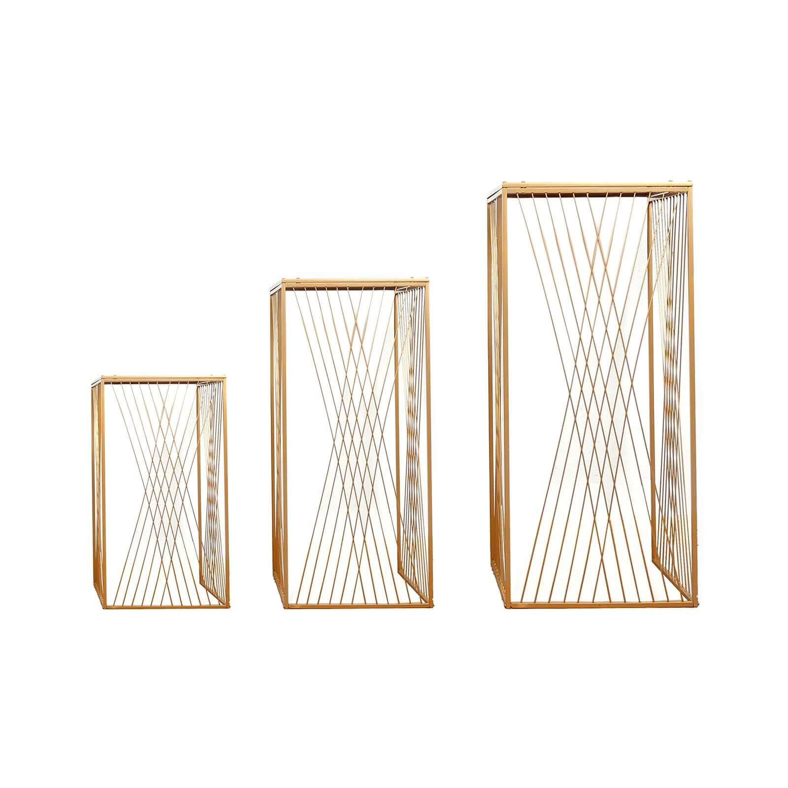 Set of 3 Gold Metal Rectangular Plant Stands with Geometric Crossed Lines Pattern, Nesting Cake Dessert Tables Floral Display Stands - 19",27",35"
