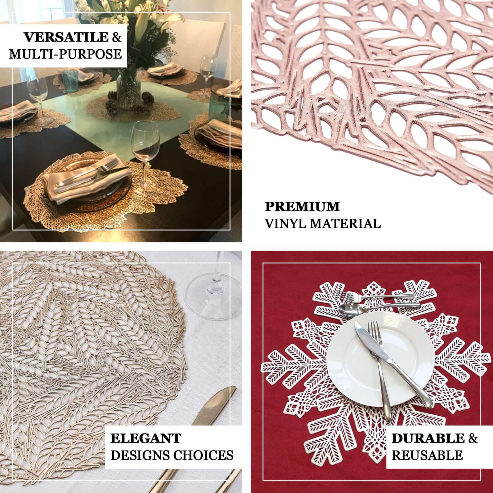 6-Pack Dining Table Mats Floral Design Gold - Metallic Vinyl Round Non-Slip Mats for Tables 15"