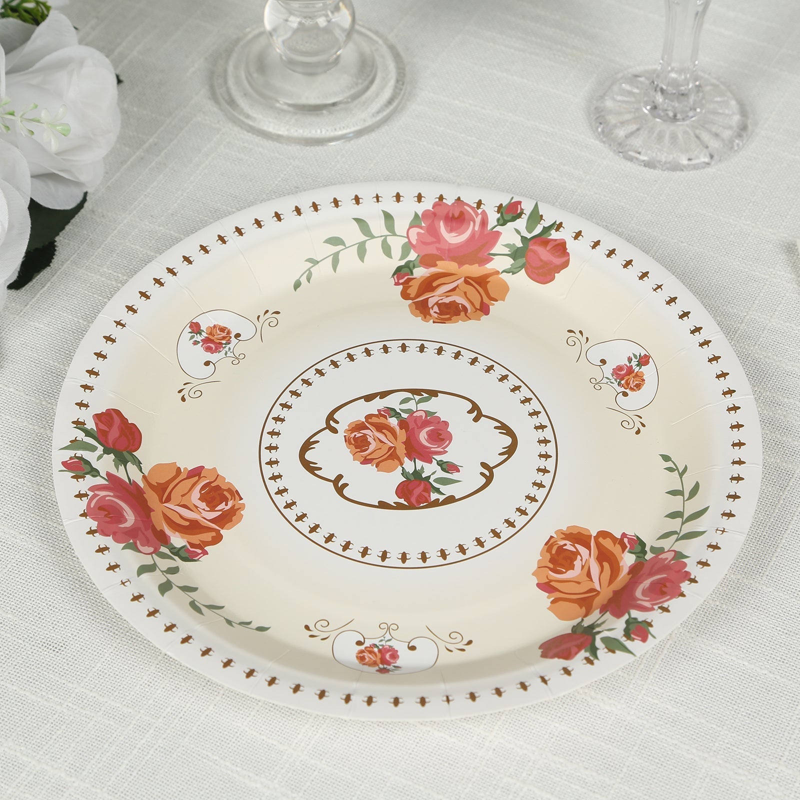 25-Pack Paper 9" Round Dinner Plates in Ivory with Vintage Rose Flower Print - Disposable Plates for High Tea Gatherings & Romantic Celebrations