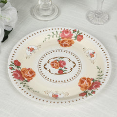 25-Pack Paper 9" Round Dinner Plates in Ivory with Vintage Rose Flower Print - Disposable Plates for High Tea Gatherings & Romantic Celebrations