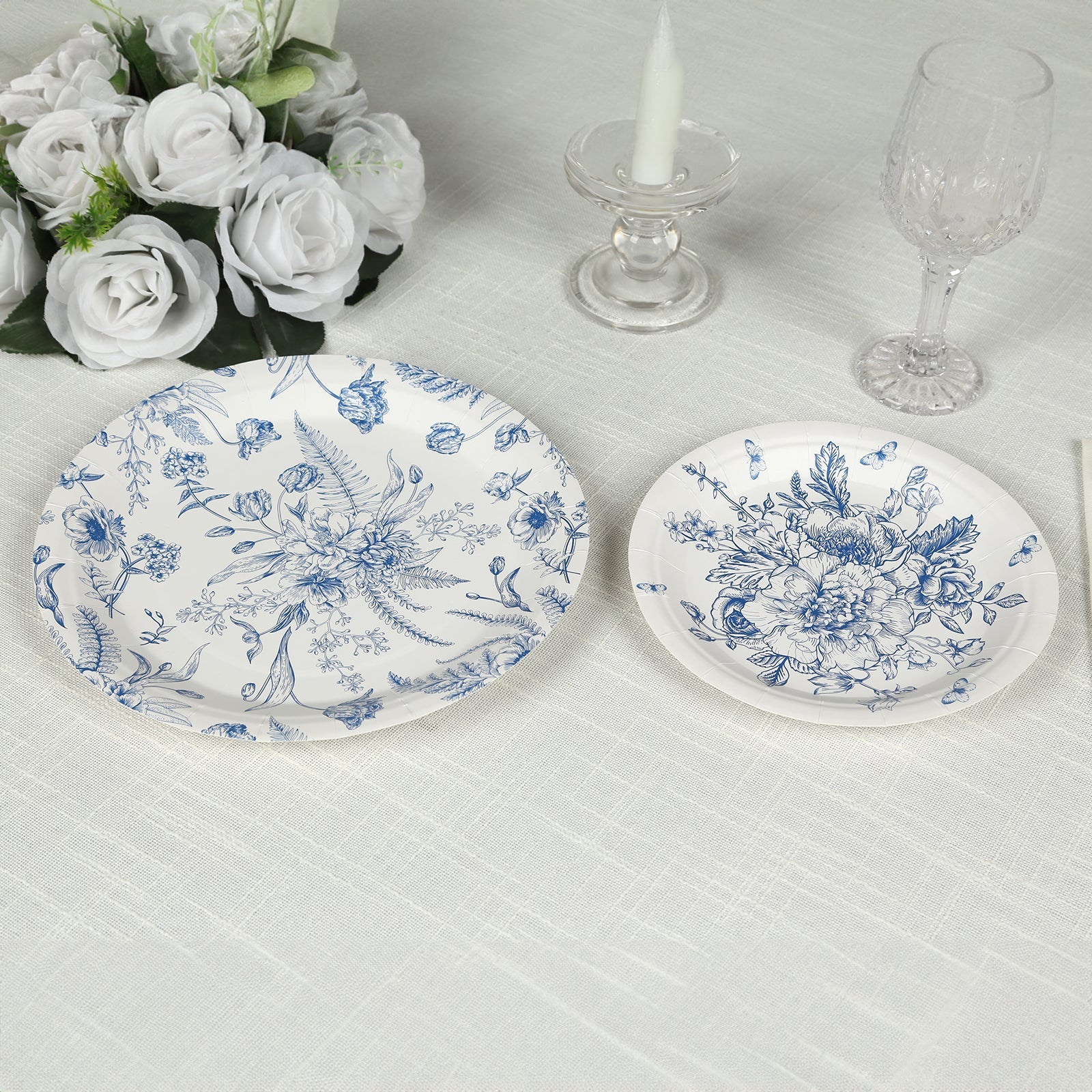 50-Pack Paper Round Dessert and Dinner Plates in White with Blue French Toile Pattern 7", 9"
