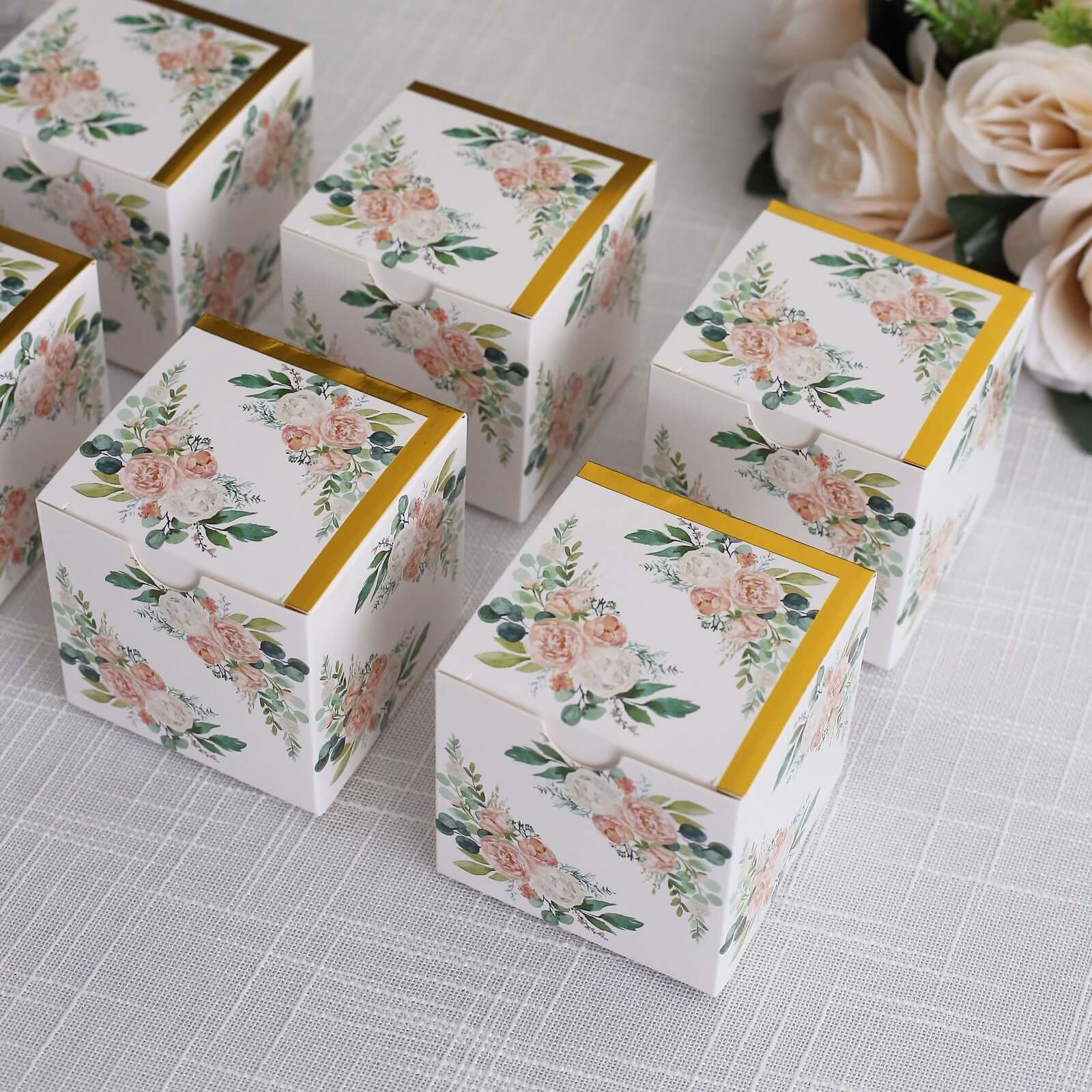 25 Pack White Pink Peony Flowers Print Paper Favor Boxes with Gold Edge, Cardstock Party Shower Candy Gift Boxes - 3"x3"x3"