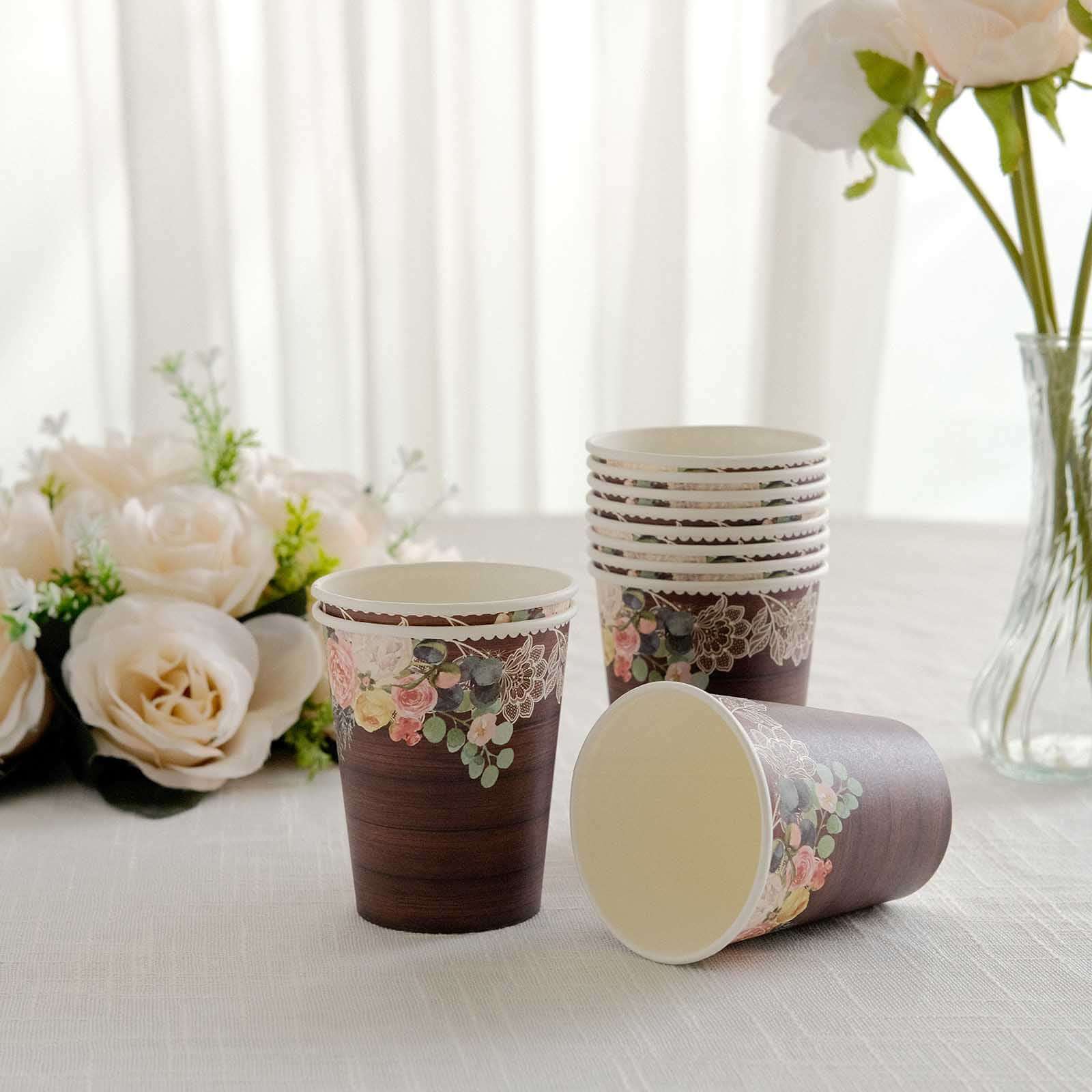 24-Pack Paper Cups 9oz Brown Wood Print with Floral Lace Rim - Chic Disposable Party Cups for Rustic Decor & Themed Parties