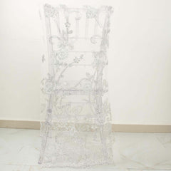 Organza Chiavari Chair Slipcover with Floral Sequin Embroidery White - Stylish Lace Chair Back Cover for Weddings