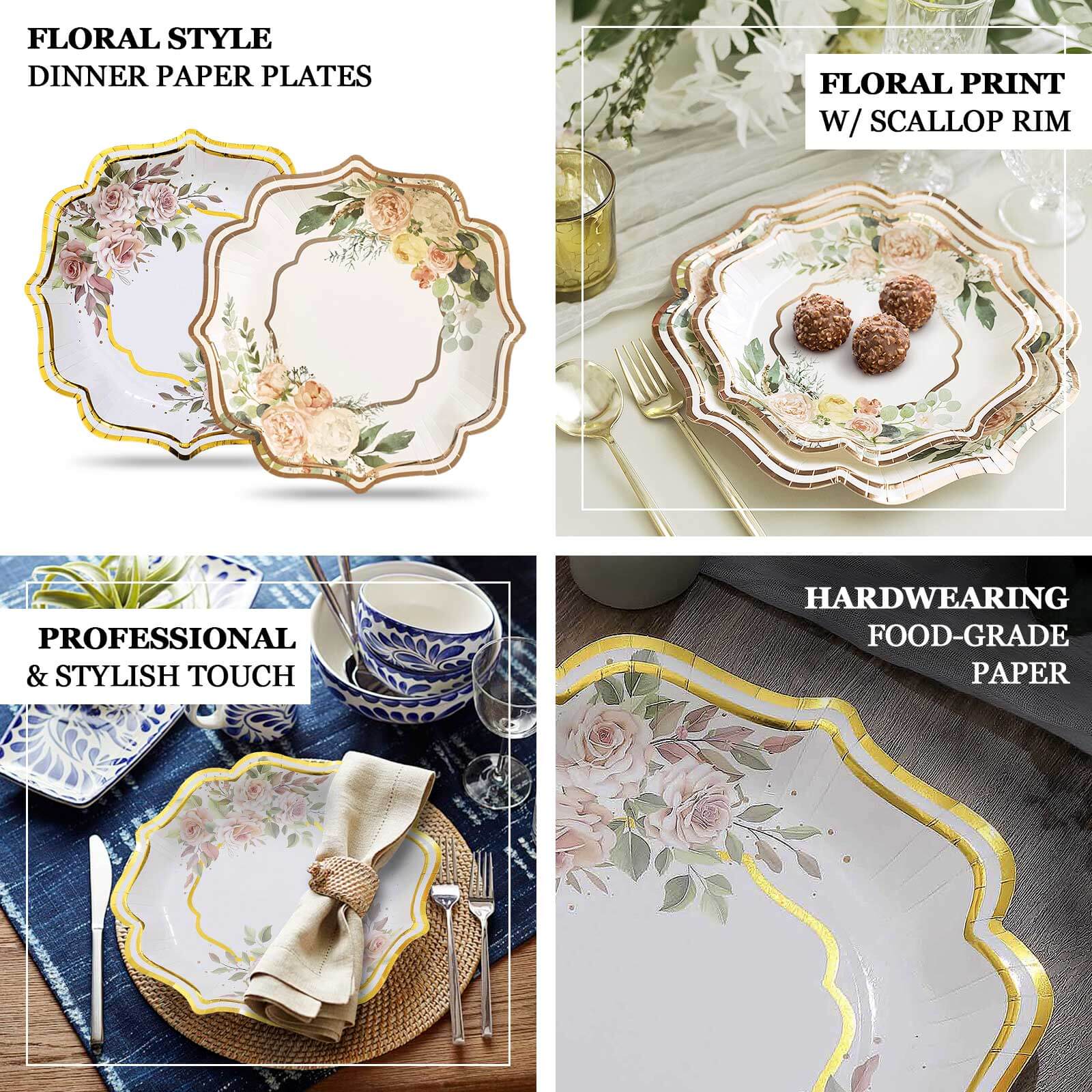 25-Pack Paper 8" Dessert Plates in White with Floral Print & Rose Gold Scallop Rim - Disposable 300GSM Appetizer Salad Plates