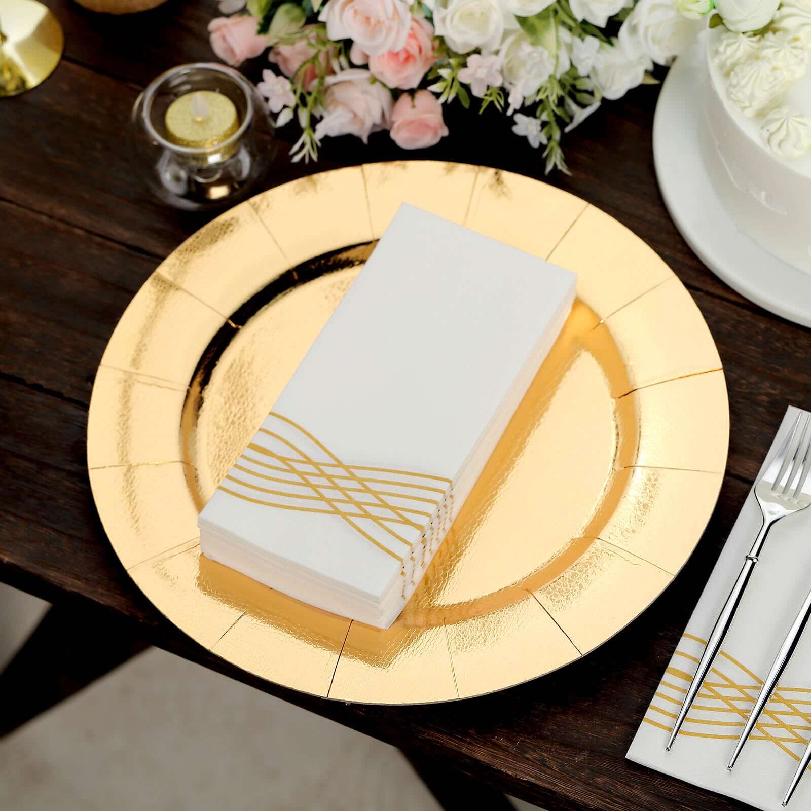 25 Pack Linen-Like Paper 8"x4" Napkins White with Metallic Gold Foil Wave Design - Soft & Absorbent Airlaid Hand Towels for Exquisite Weddings & Events