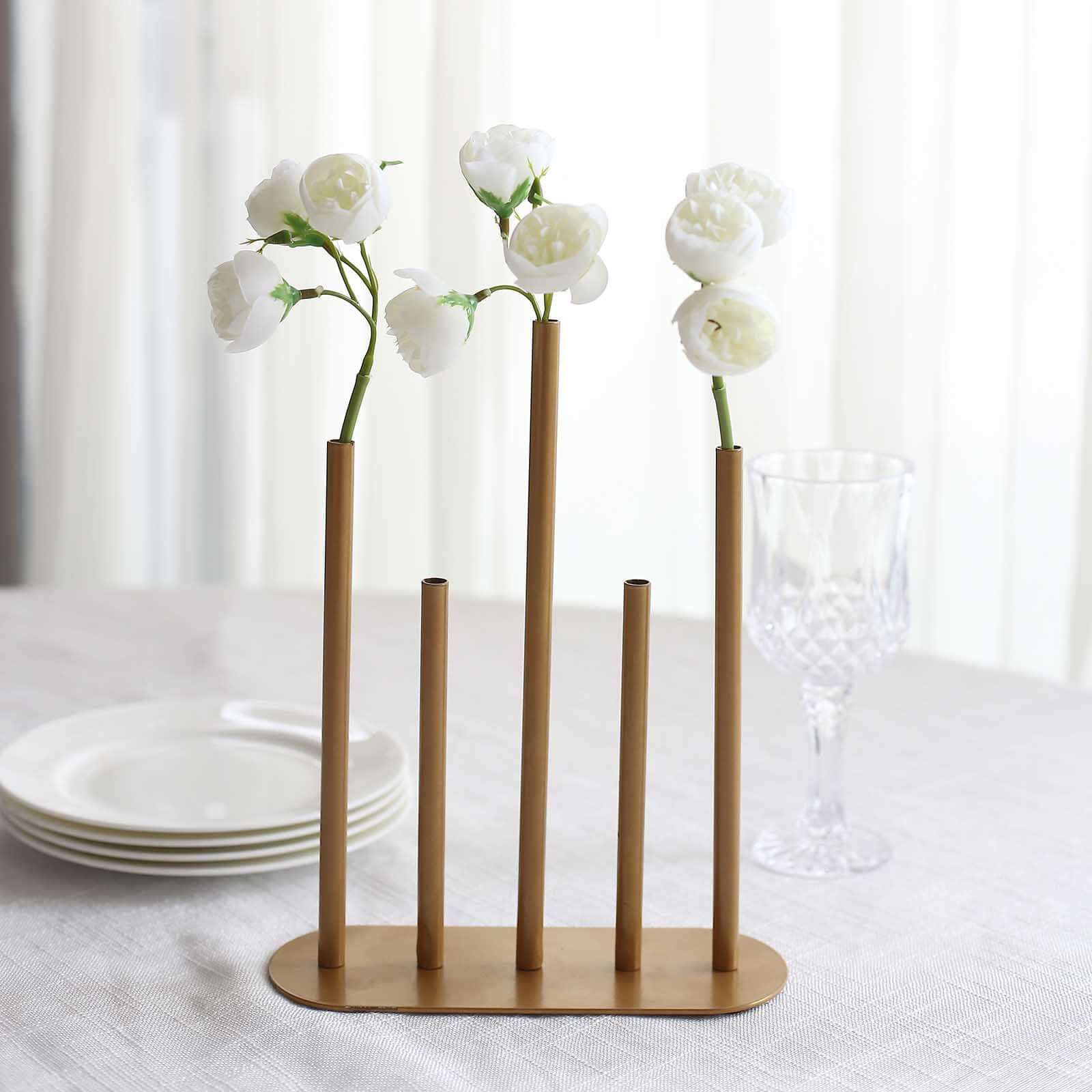 Bud Vase Gold Metal Minimalist Design with 5-Tubes - Single Stem Flower Centerpiece 10"