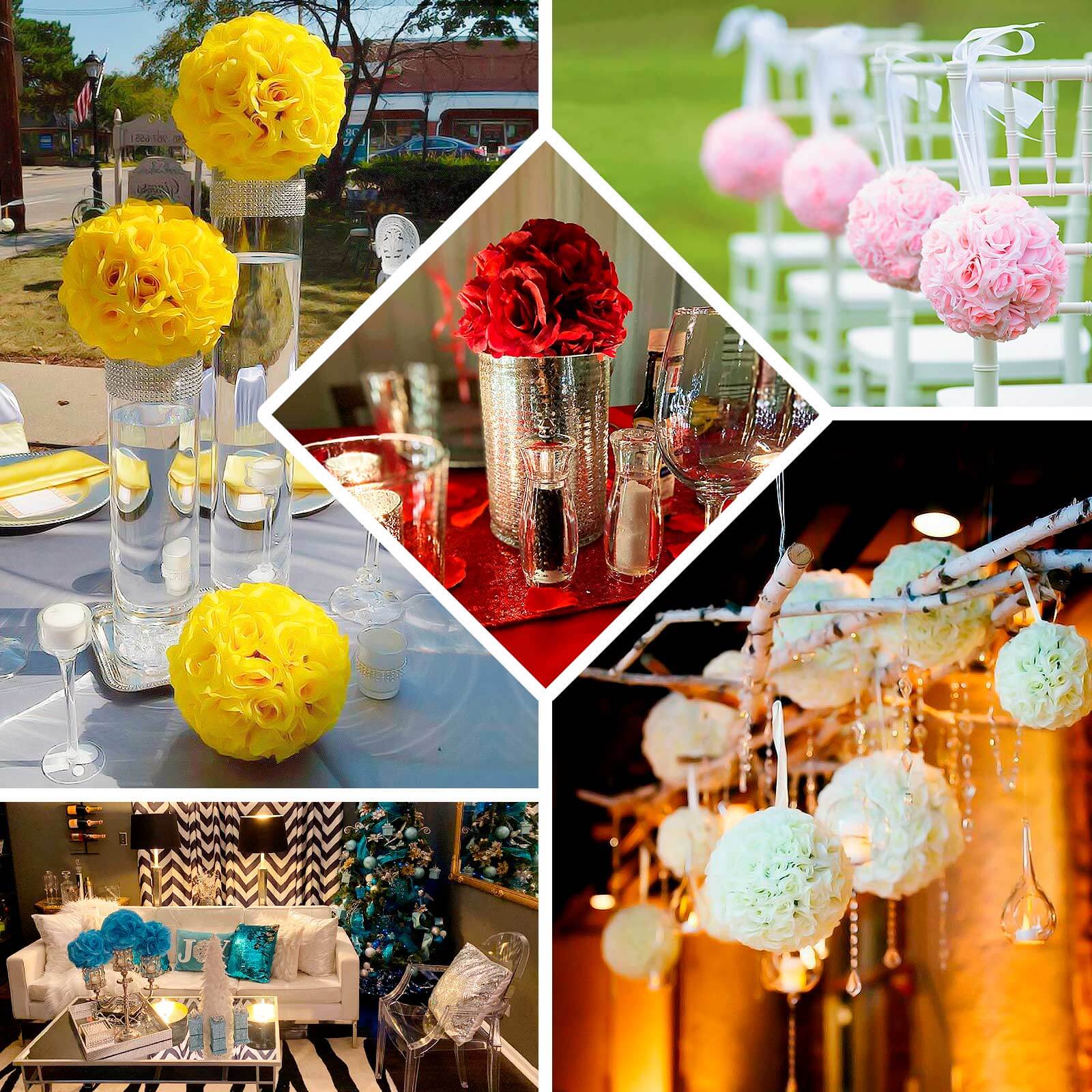 2 Pack 7" Navy Blue Artificial Silk Rose Kissing Ball, Flower Ball