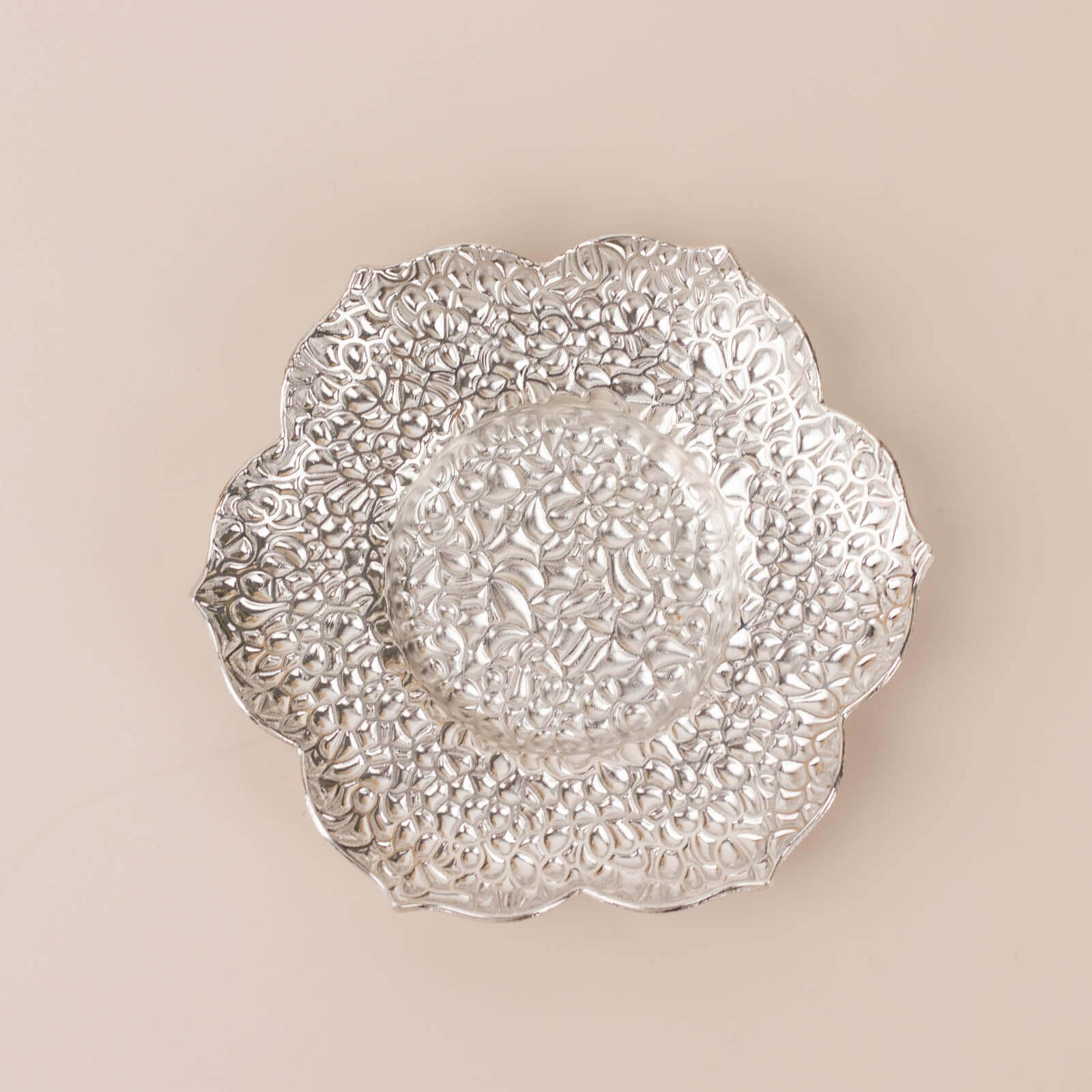 3-Pack Metal Votive Candle Holders Plum Blossom Design Shiny Silver - Vintage Mini Tea Cup Saucers 4"