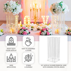 Acrylic Flower Pedestal Vase Pillar Stand with Crystal Beads Clear - Durable Wedding Table Centerpiece 24"