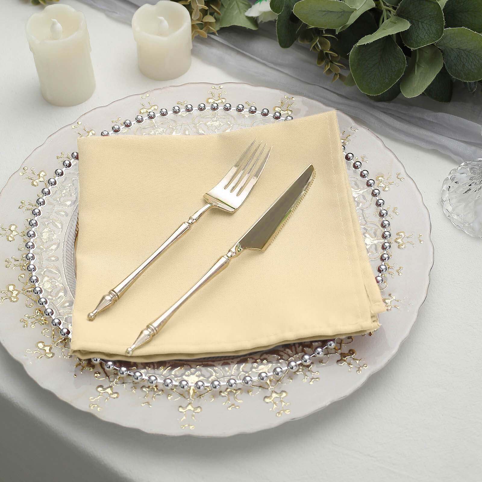 5 Pack Polyester 17"x17" Napkins Beige - Durable & Wrinkle Resistant Dinner Napkins