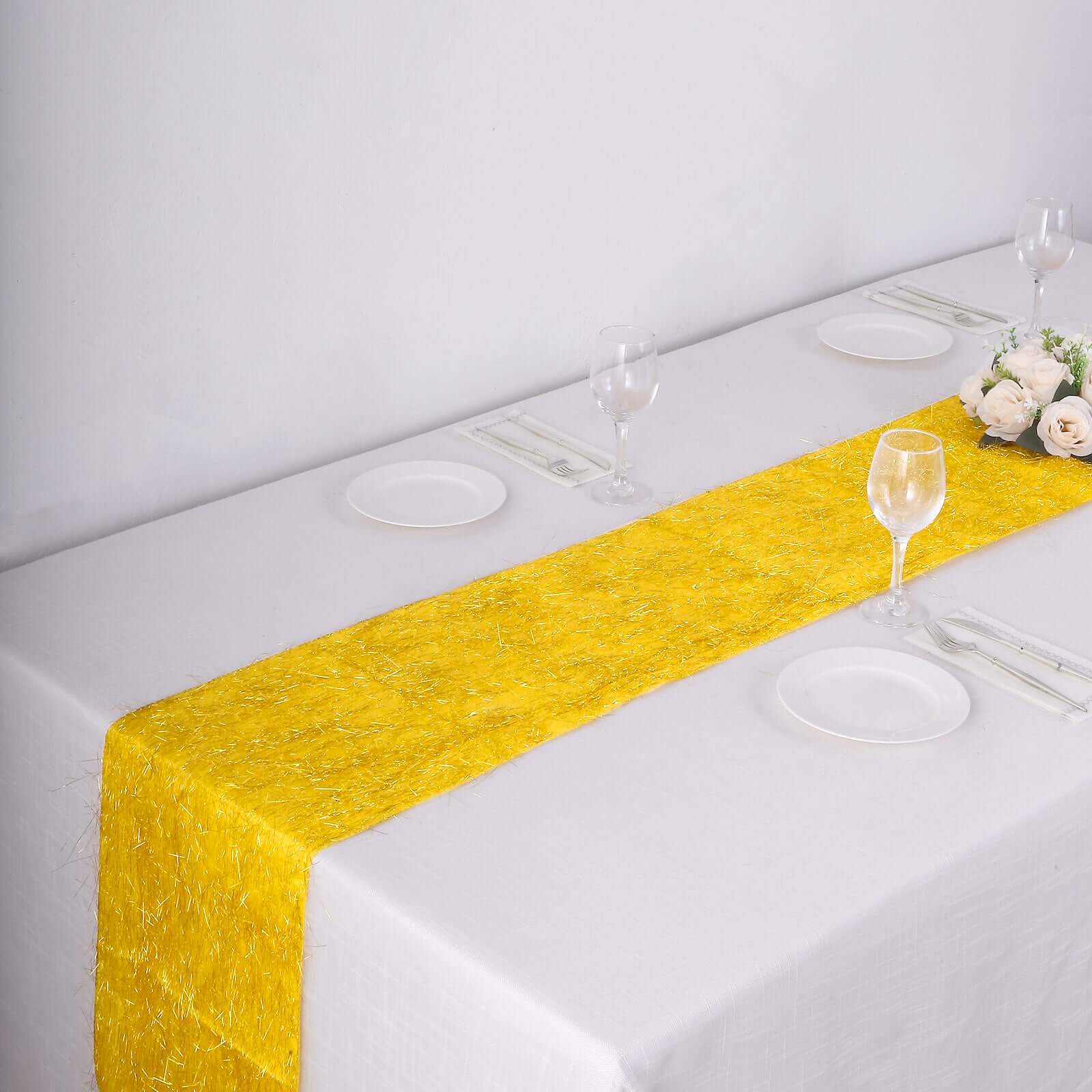 Metallic Tinsel Polyester 12"x108" Table Runner Gold - Shimmery Fringe Shag Event Table Decor