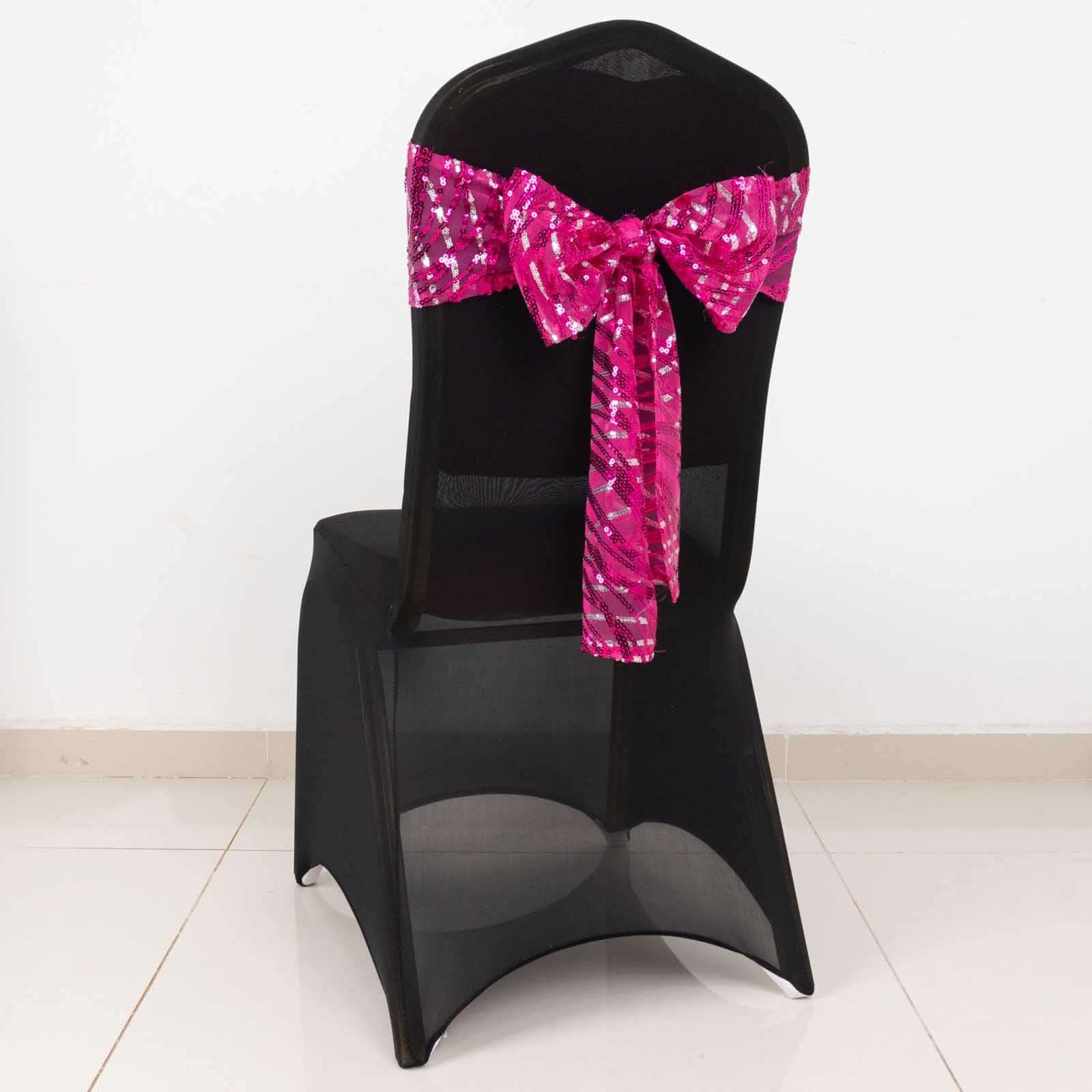 5 Pack Chair Sashes with Wave Embroidered Sequins Fuchsia/Silver 6"x88"
