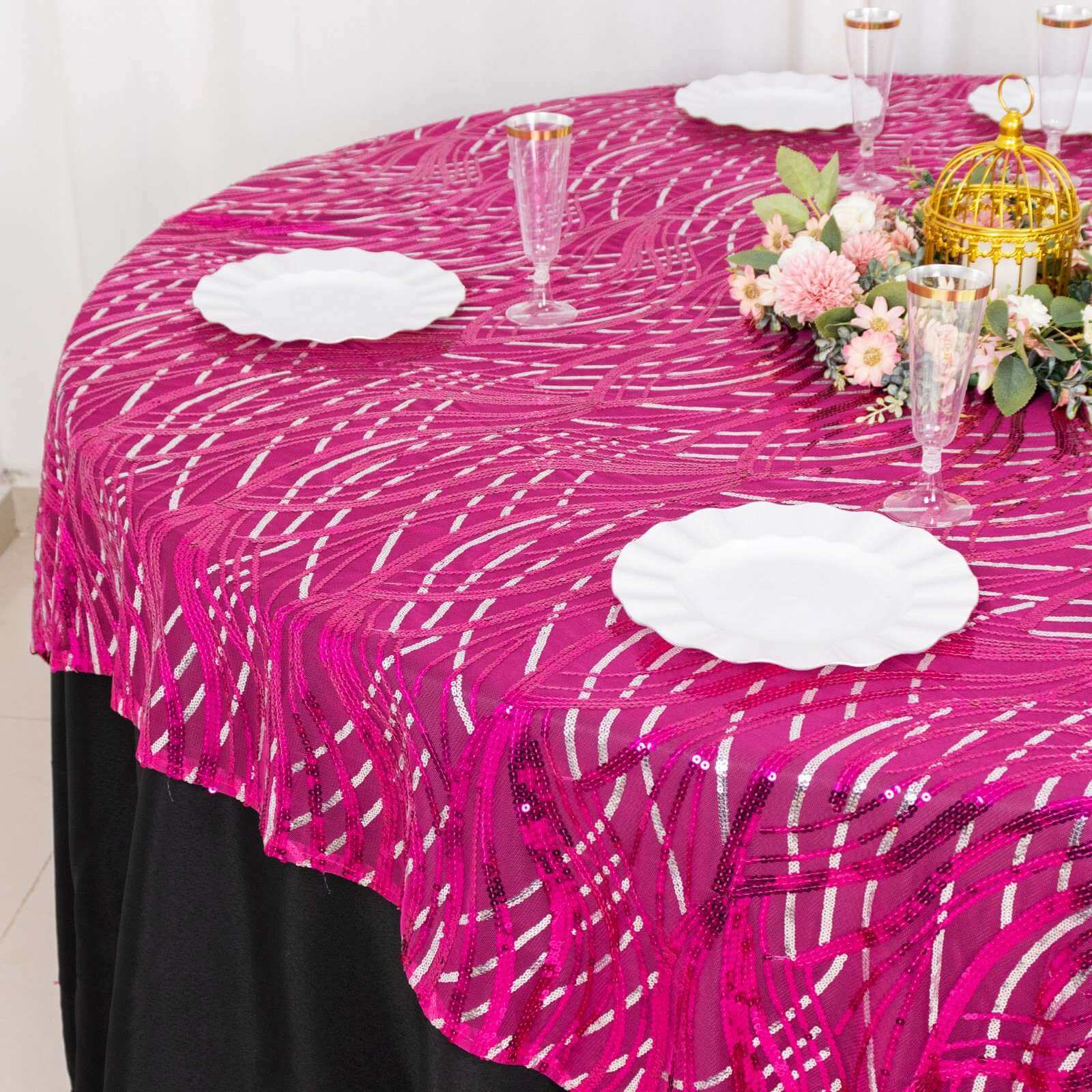 Mesh 72"x72" Table Overlay Square Tablecloth Fuchsia Silver - Wave Embroidered Sequins Table Topper
