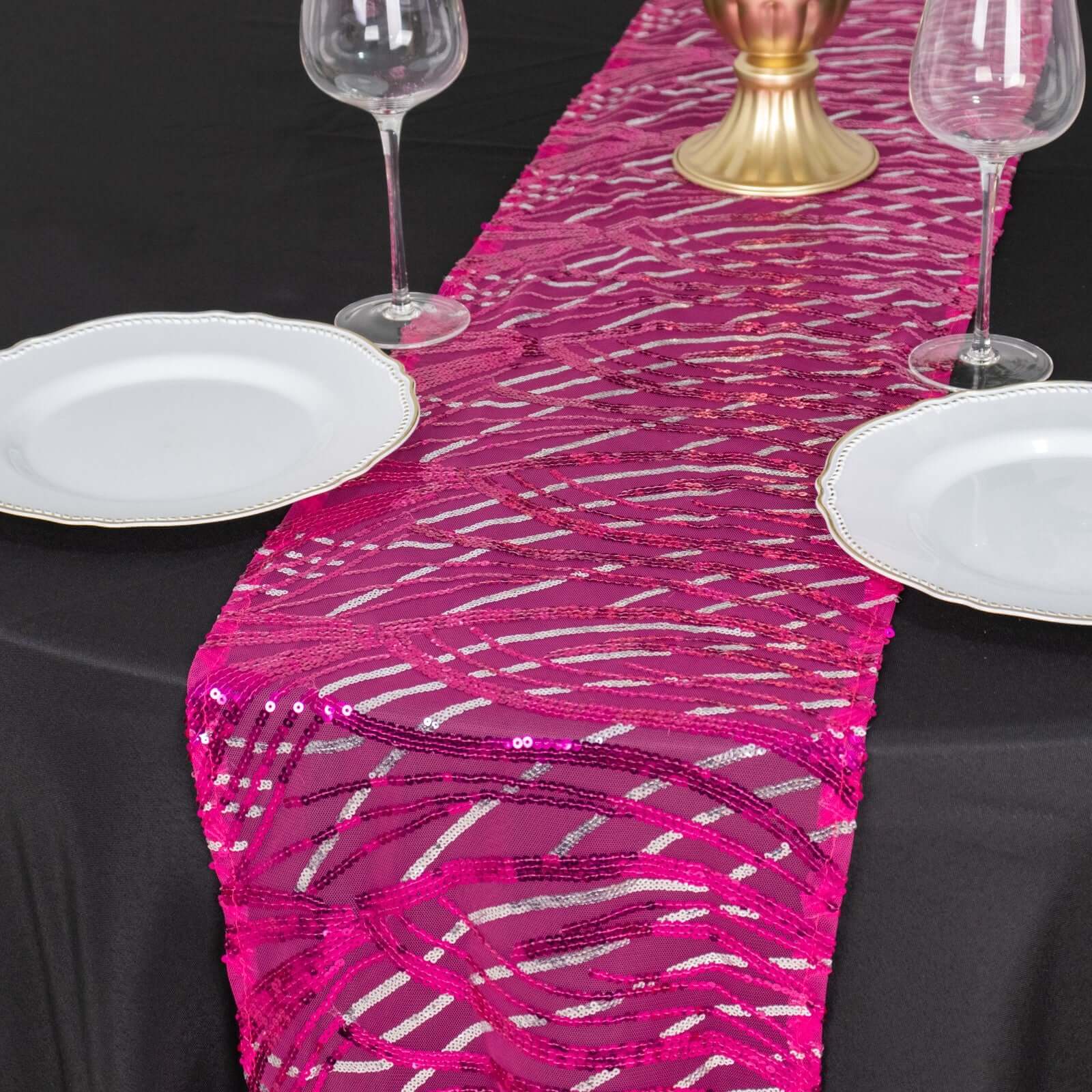 Sequin Mesh 12"x108" Table Runner Fuchsia Stylish Wave Embroidery