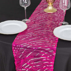 Sequin Mesh 12"x108" Table Runner Fuchsia Stylish Wave Embroidery