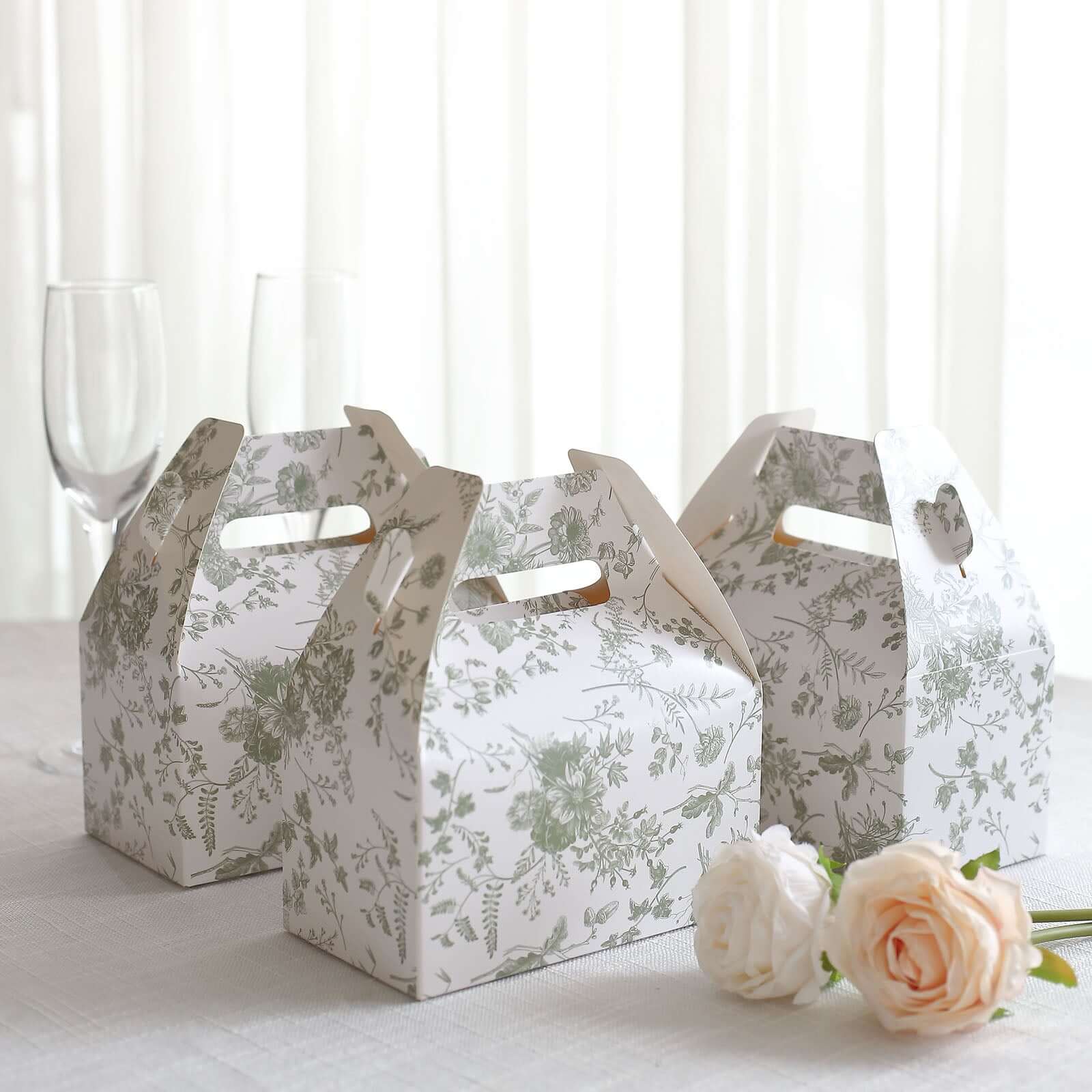 25 Pack White Sage Green Candy Gift Tote Gable Boxes in French Toile Pattern, Party Favor Treat Boxes - 6"x3.5"x7"