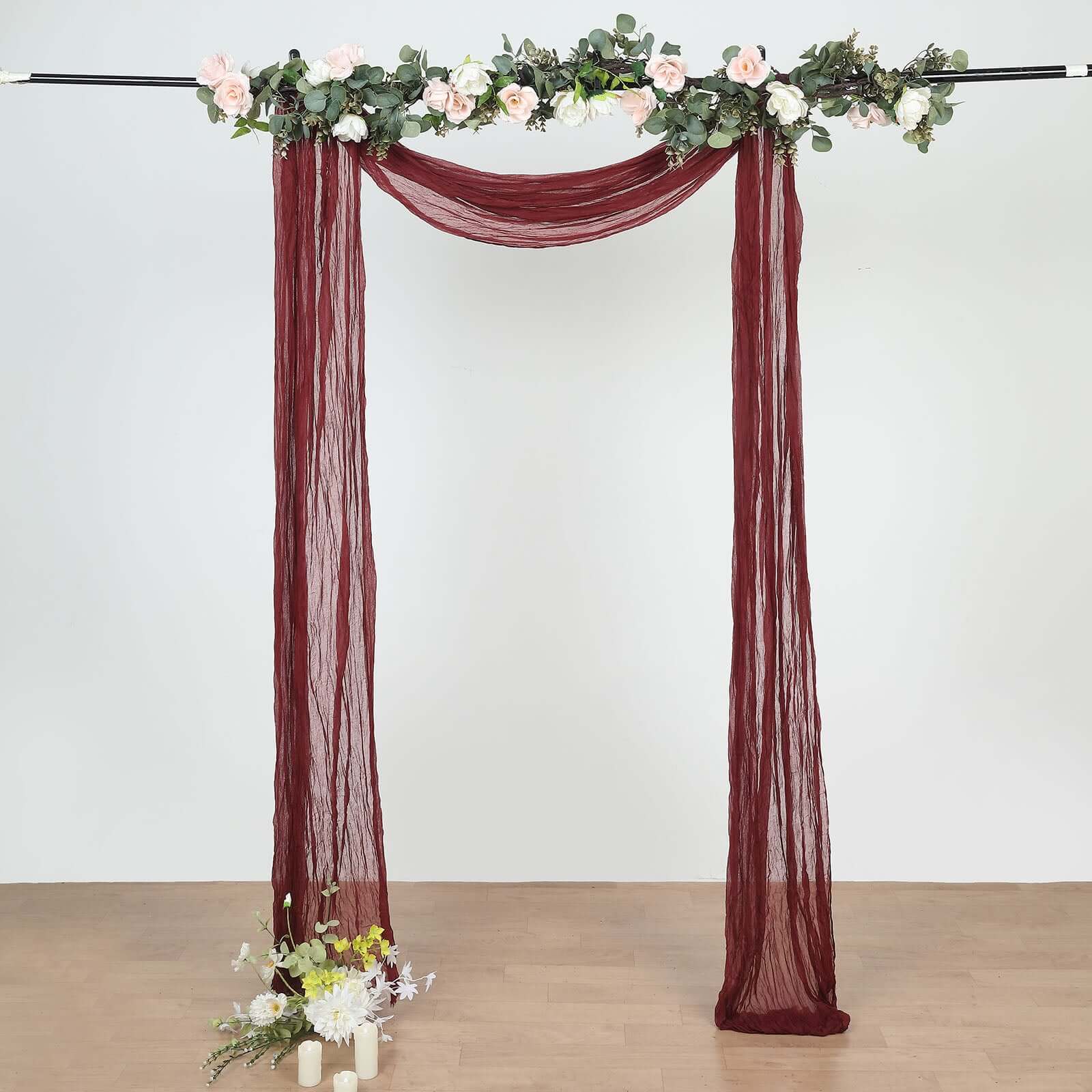 20ft Burgundy Gauze Cheesecloth Fabric Wedding Arch Drapery, Window Scarf Valance, Boho Decor Arbor Curtain Panel