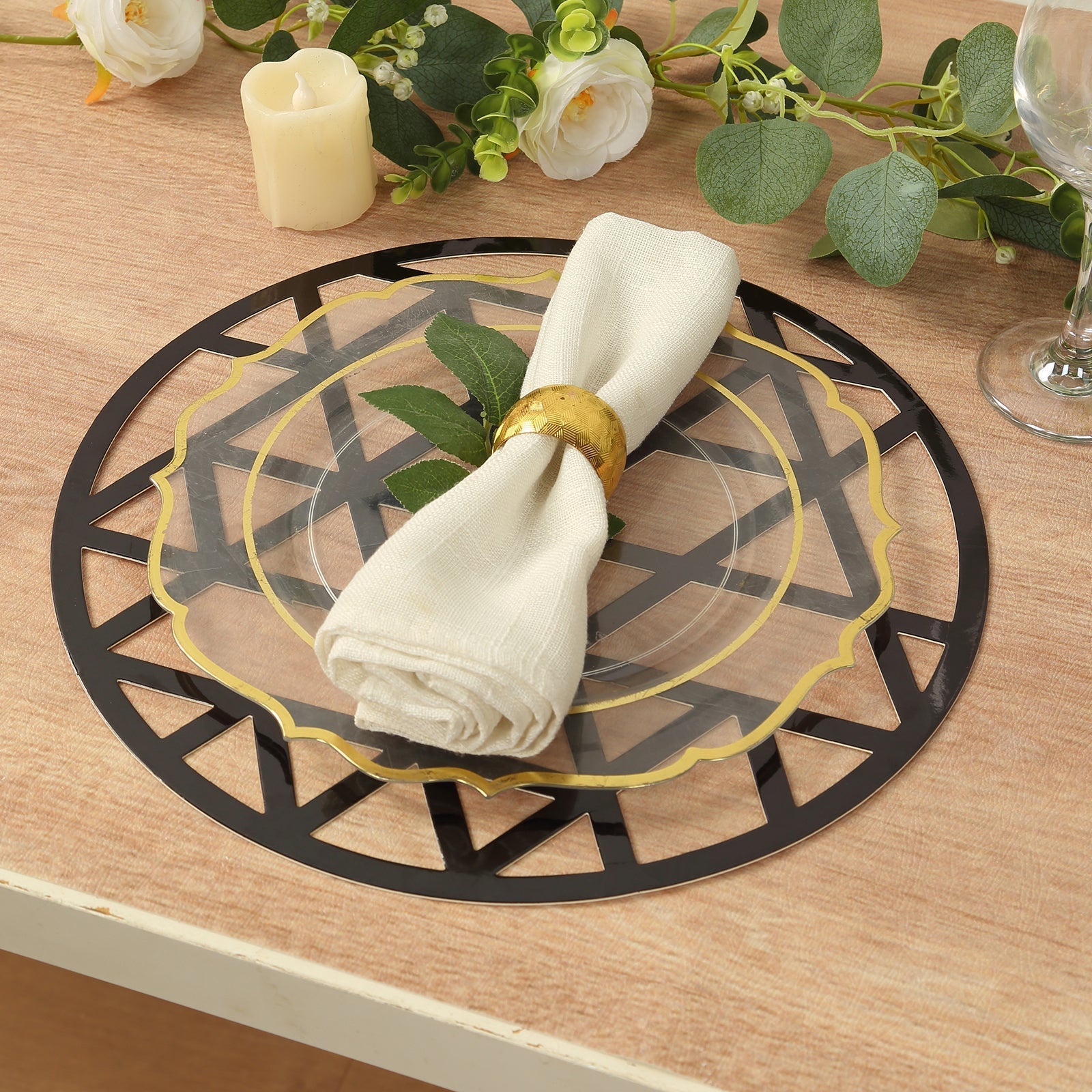 6-Pack Disposable Table Placemats in Black Laser Cut Geometric Triangle Design - 700GSM Cardboard Placemats for Glamorous Table Settings 13"