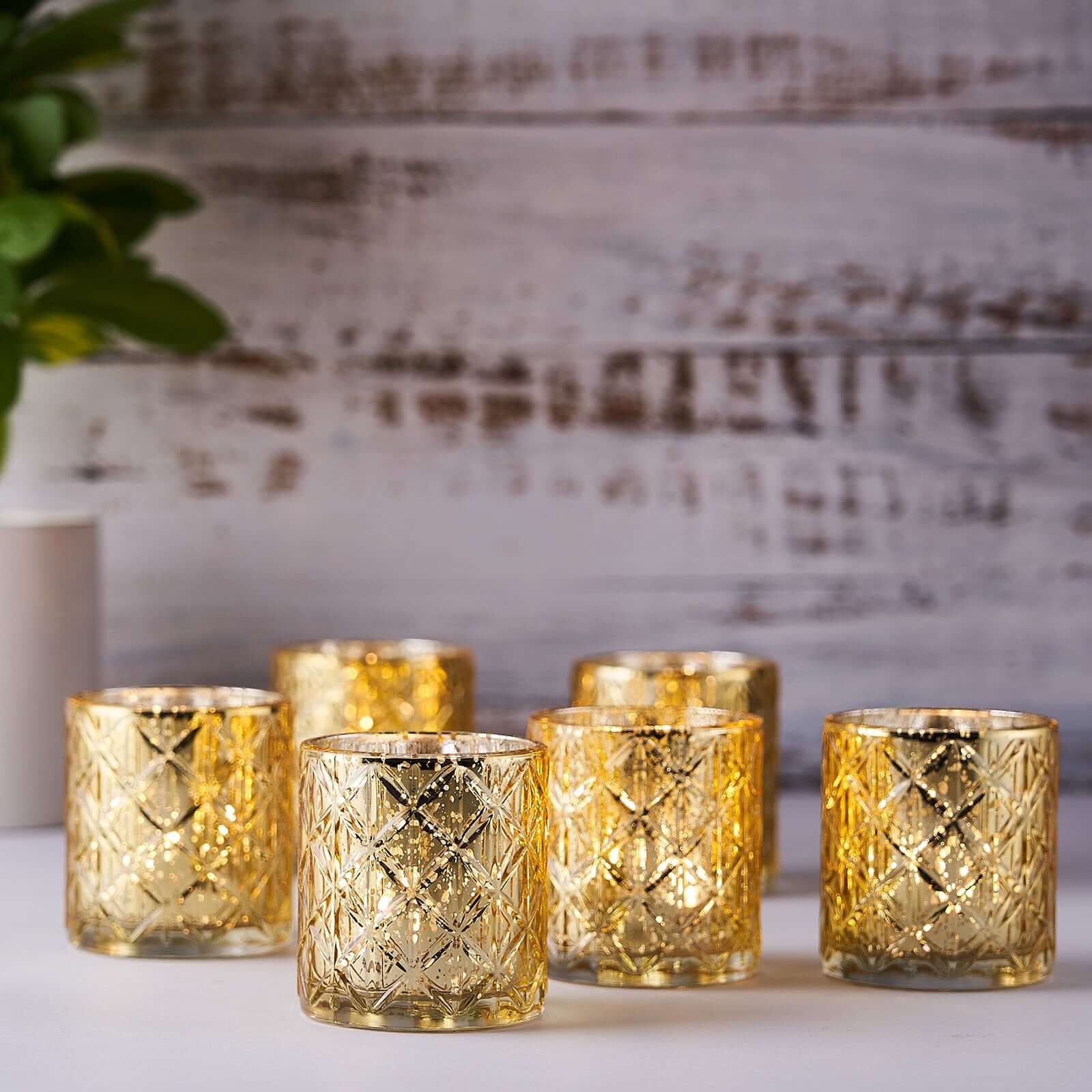 6-Pack Mercury Glass Candle Holders Shiny Gold with Geometric Design - Votive Tealight Holders 3"