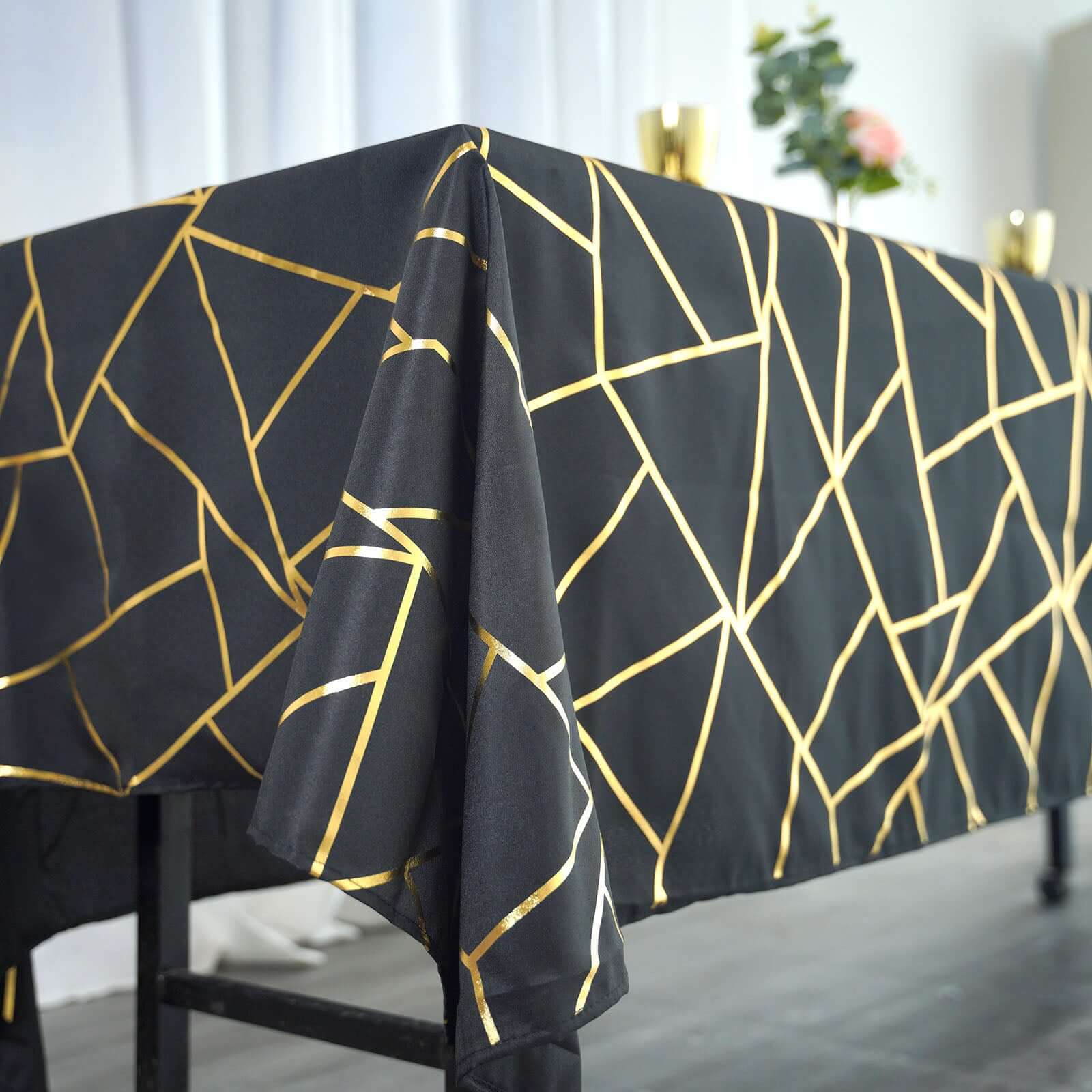Polyester 60"x102" Rectangle Tablecloth Black with Gold Foil Geometric Pattern - Wrinkle-Resistant & Durable Table Cover
