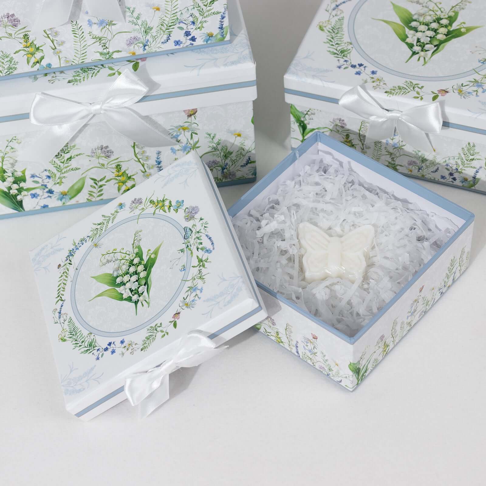 Set of 4 Cardstock Square Nesting Gift Boxes White Green Floral Design - Decorative Heavy Duty Stackable Keepsake Boxes With Lids for Presents Storage & Pedestal Stand 6",7",8",9"