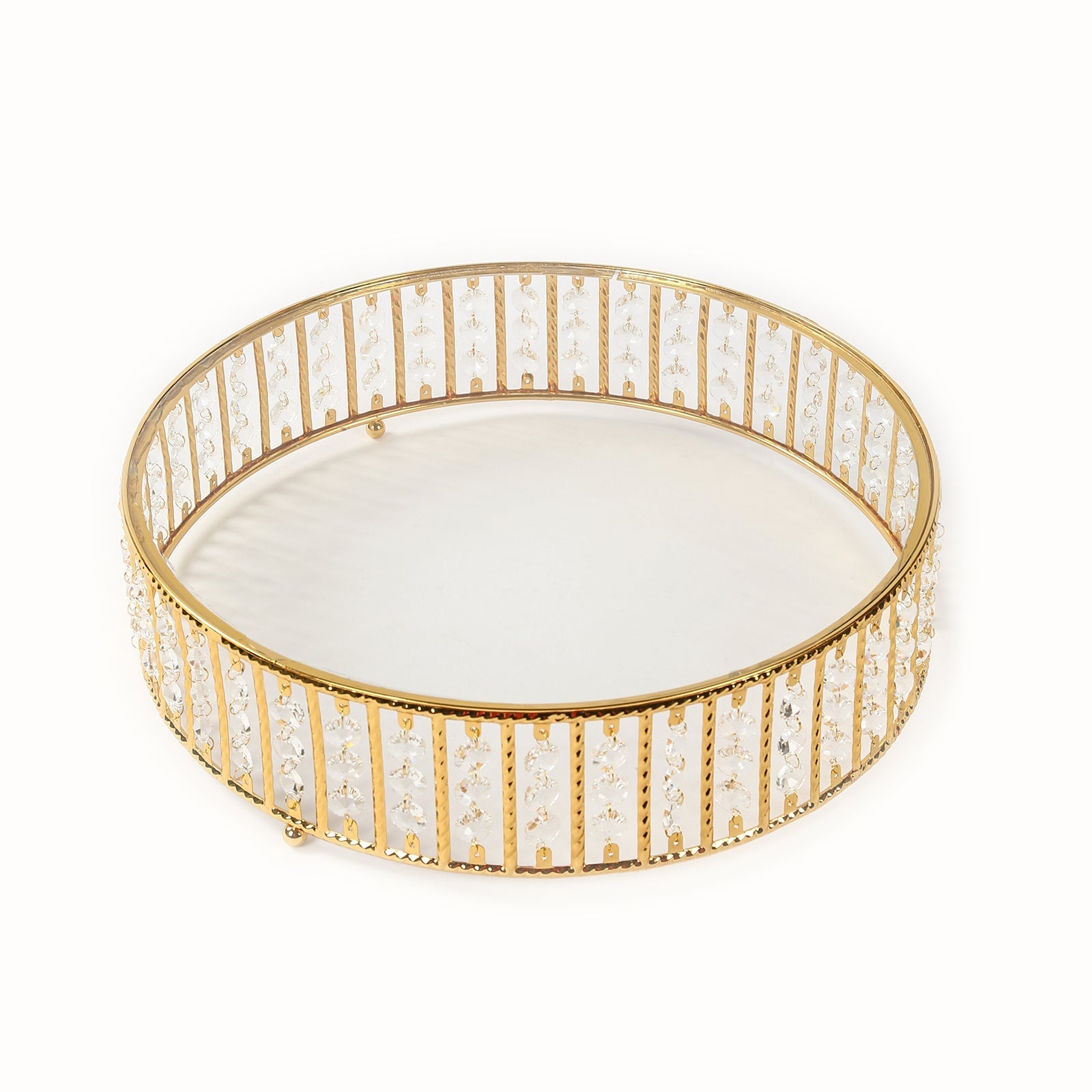 18" Round Gold Cake Stand with Hanging Crystal Beads and Glass Top – Metal Dessert Display Tray