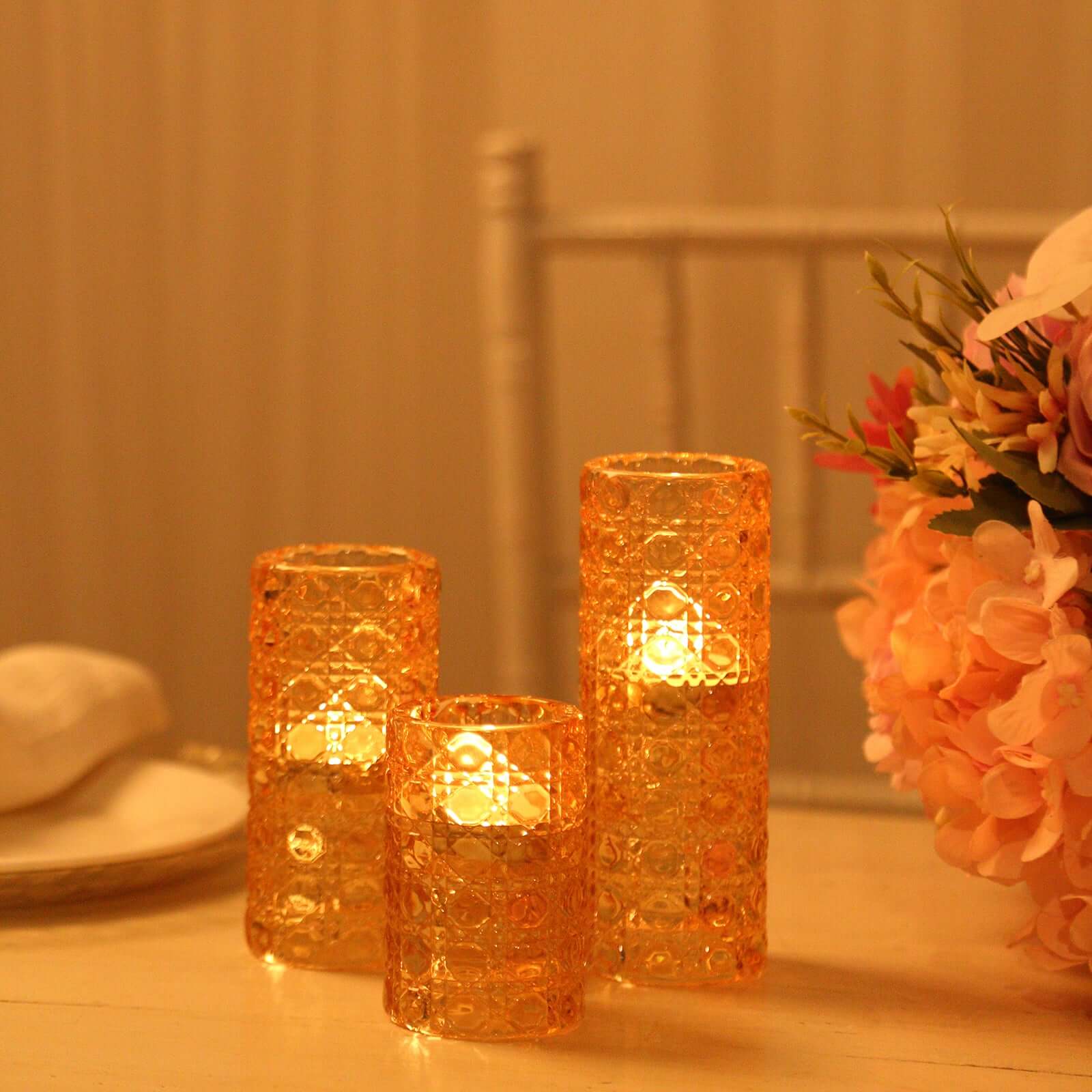 Set of 3 Glass Taper Candle Holders Amber Gold with Gemstone Pattern - Dual Sided Crystal Cylinder Tealight Stands 3", 4", 5.5"